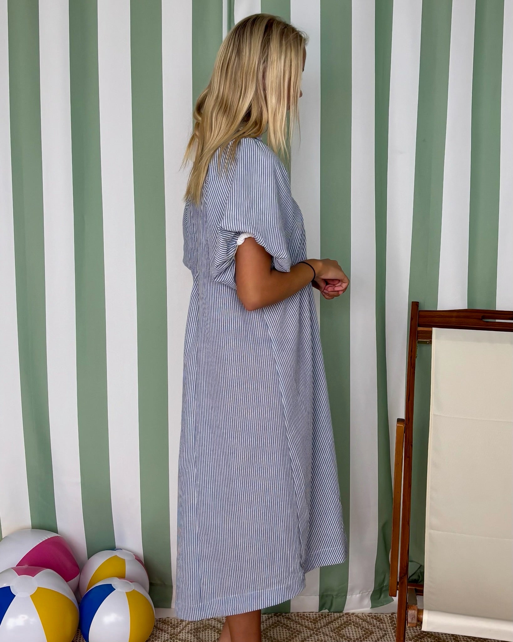 Just Lovely Blue Striped Smocked Midi Dress-Shop-Womens-Boutique-Clothing