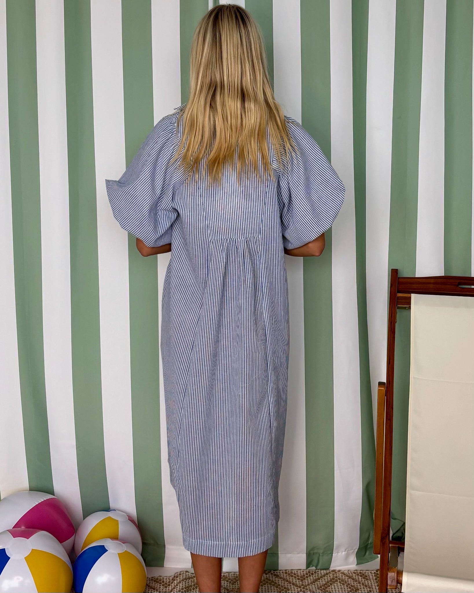 Just Lovely Blue Striped Smocked Midi Dress-Shop-Womens-Boutique-Clothing