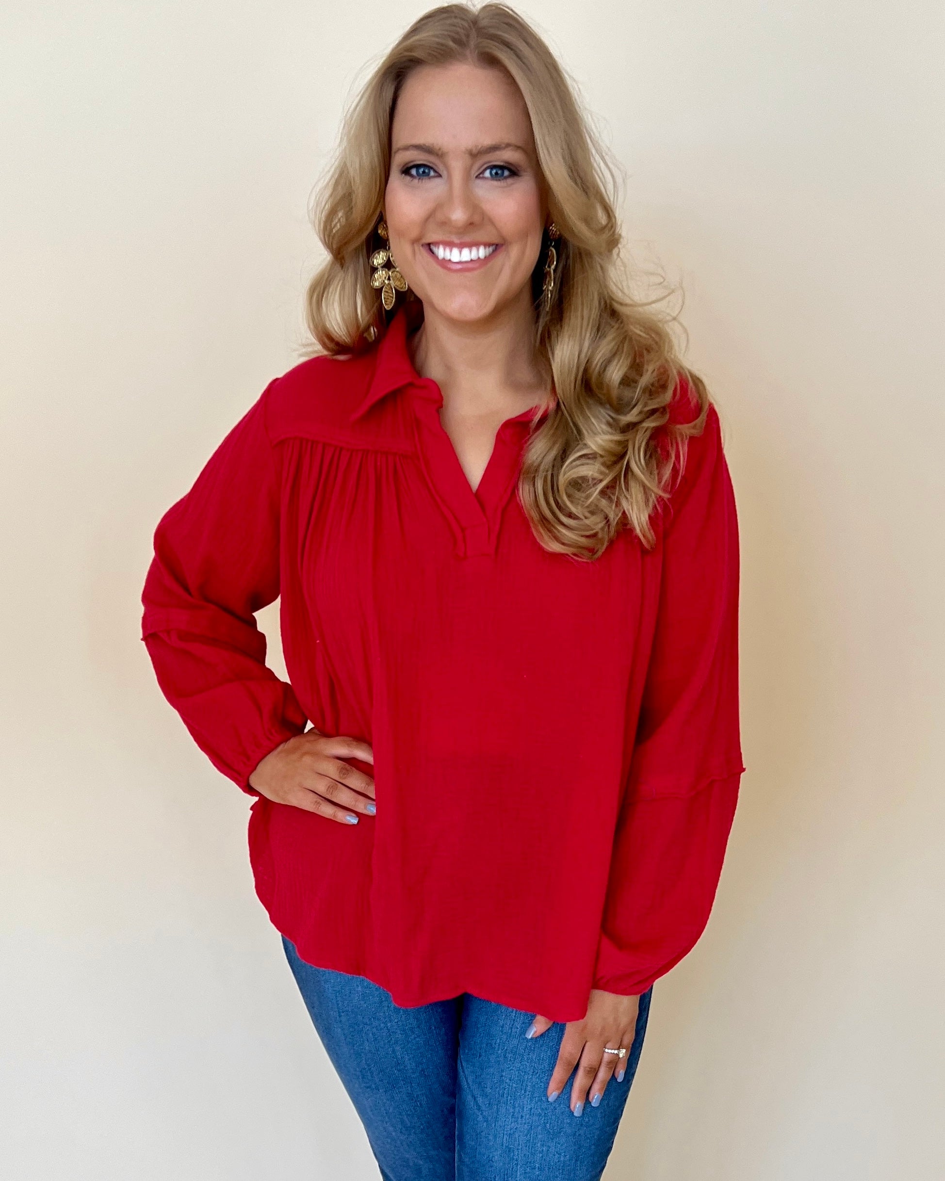 New Days Cherry Plus Gauze Collared Top-Shop-Womens-Boutique-Clothing