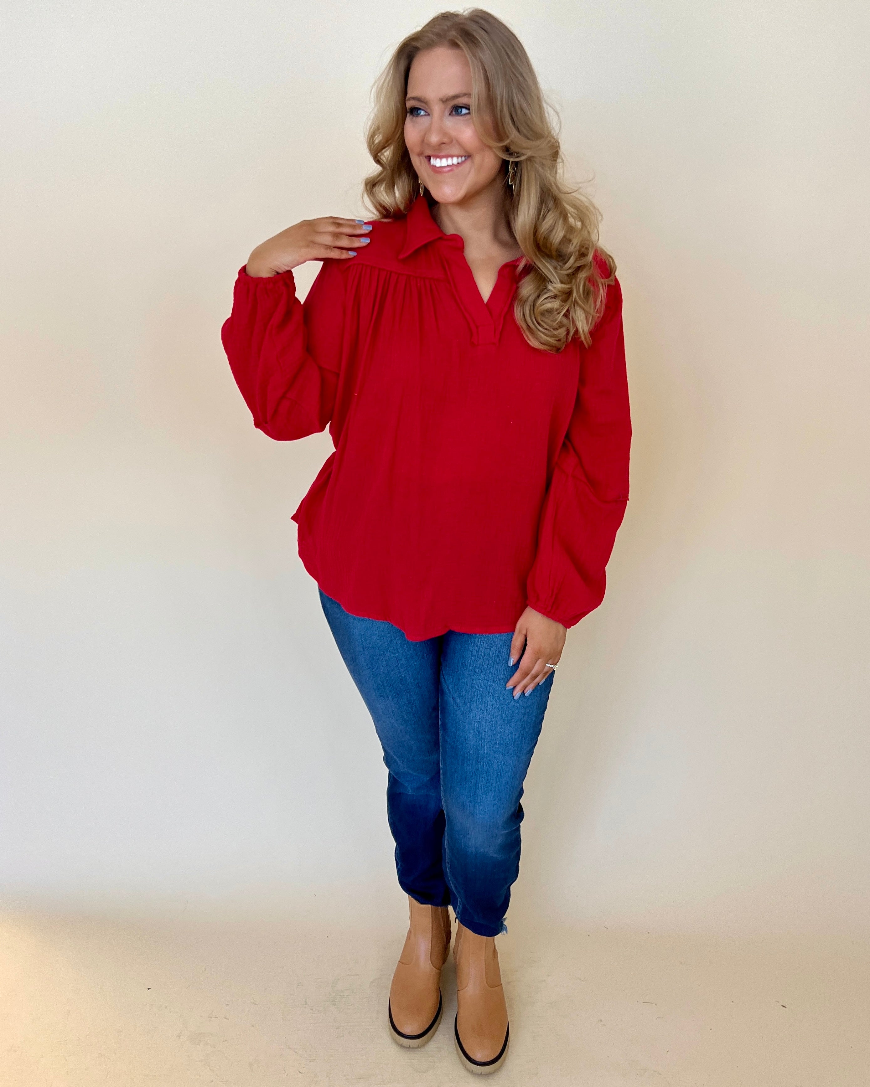 New Days Cherry Plus Gauze Collared Top-Shop-Womens-Boutique-Clothing