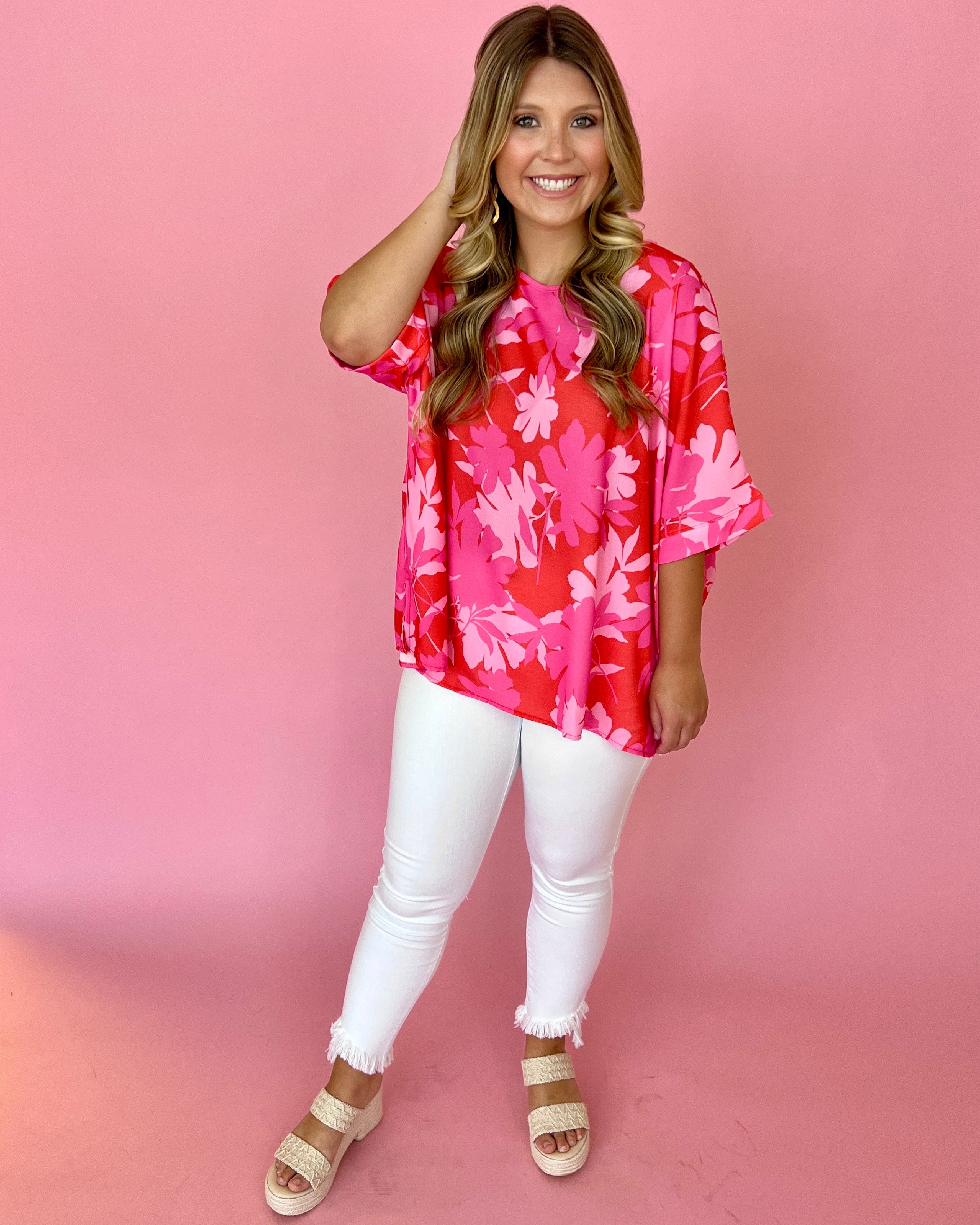 Floral Breeze Coral Dolman Sleeve Side Slit Top-Shop-Womens-Boutique-Clothing