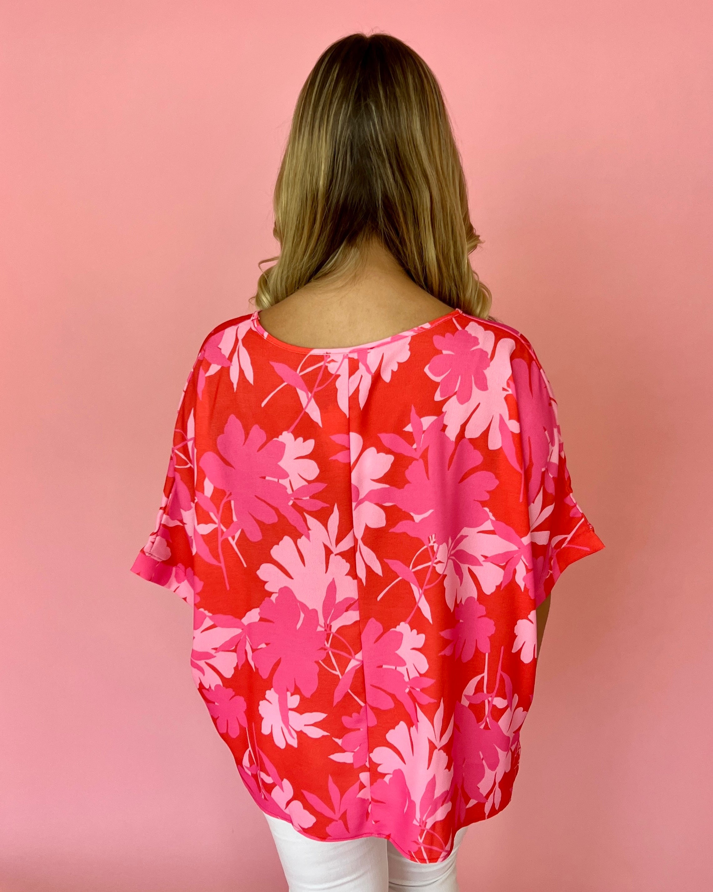 Floral Breeze Coral Dolman Sleeve Side Slit Top-Shop-Womens-Boutique-Clothing