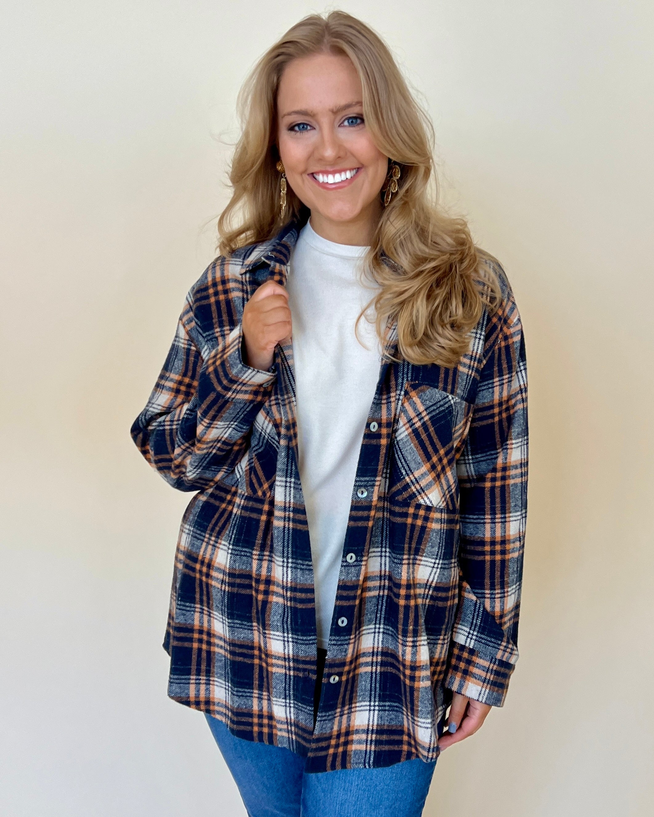 Tune In Navy Plus Plaid Button Down Top-Shop-Womens-Boutique-Clothing