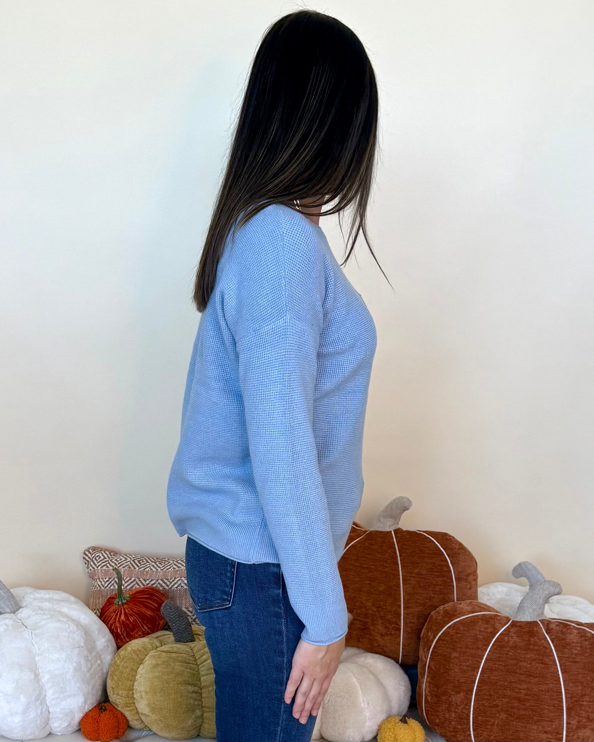 Casual Hangout Lt.Blue Waffle Knit Crew Neck Sweater-Shop-Womens-Boutique-Clothing