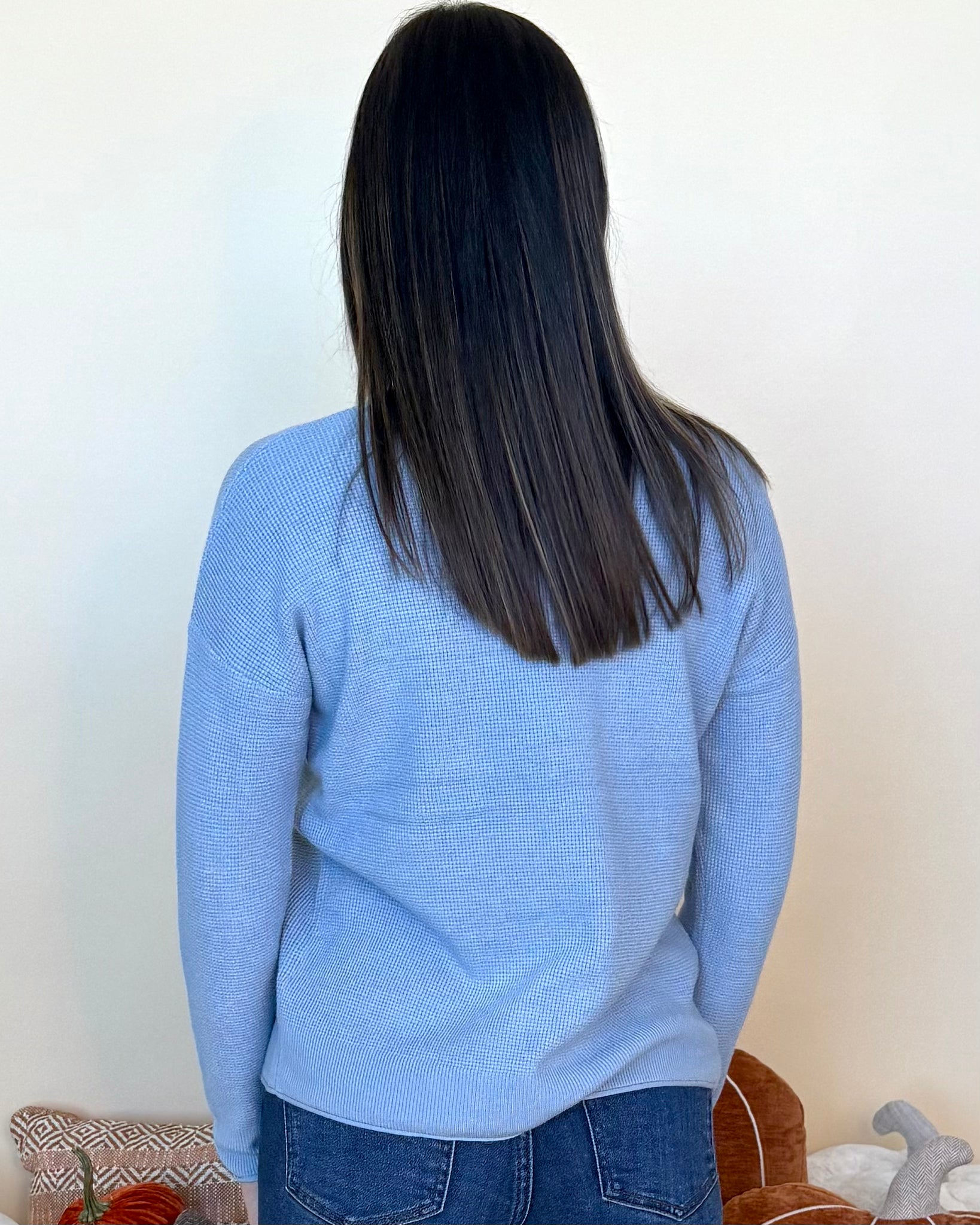 Casual Hangout Lt.Blue Waffle Knit Crew Neck Sweater-Shop-Womens-Boutique-Clothing