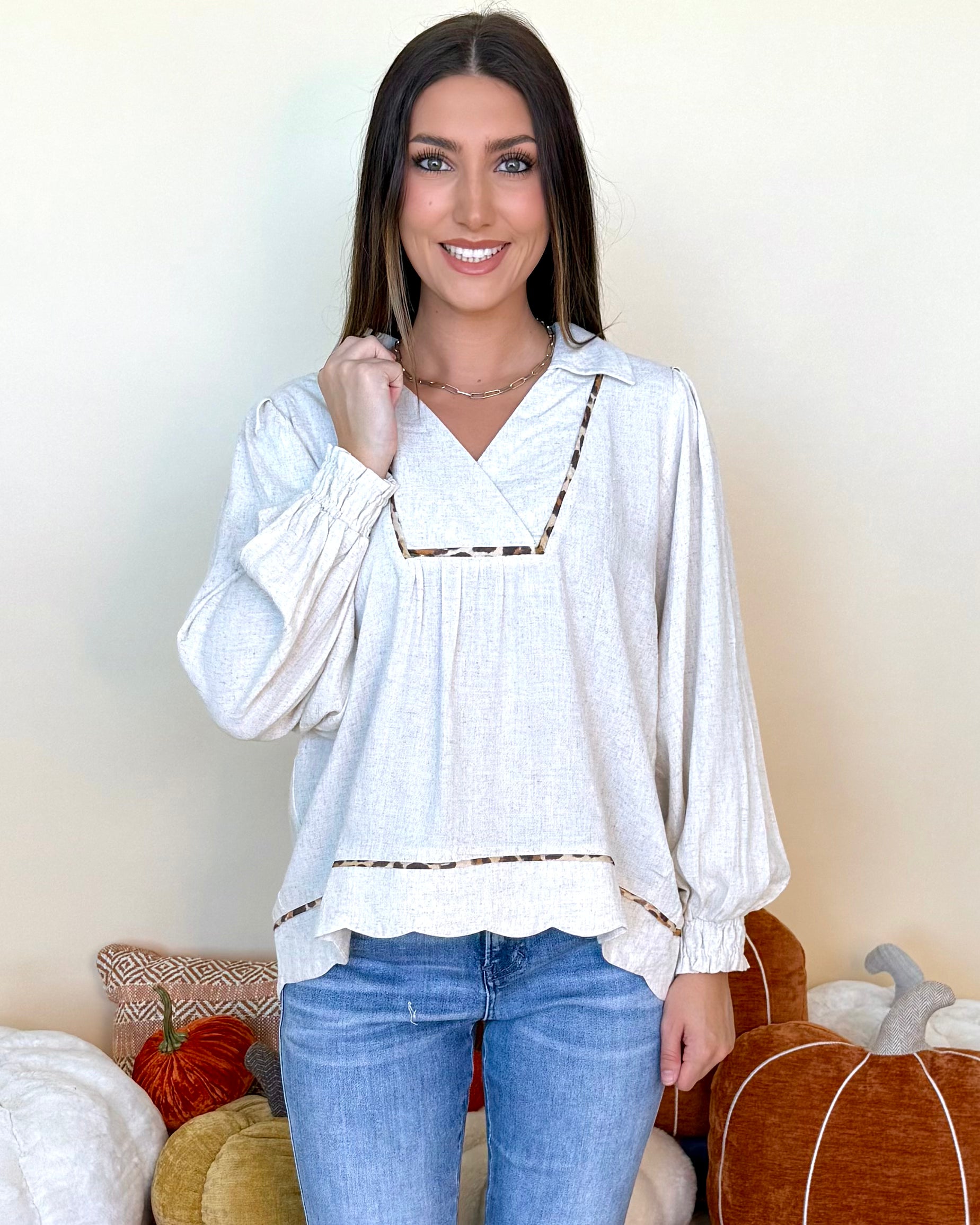 Drawn Details Oatmeal Linen Scallop Top-Shop-Womens-Boutique-Clothing