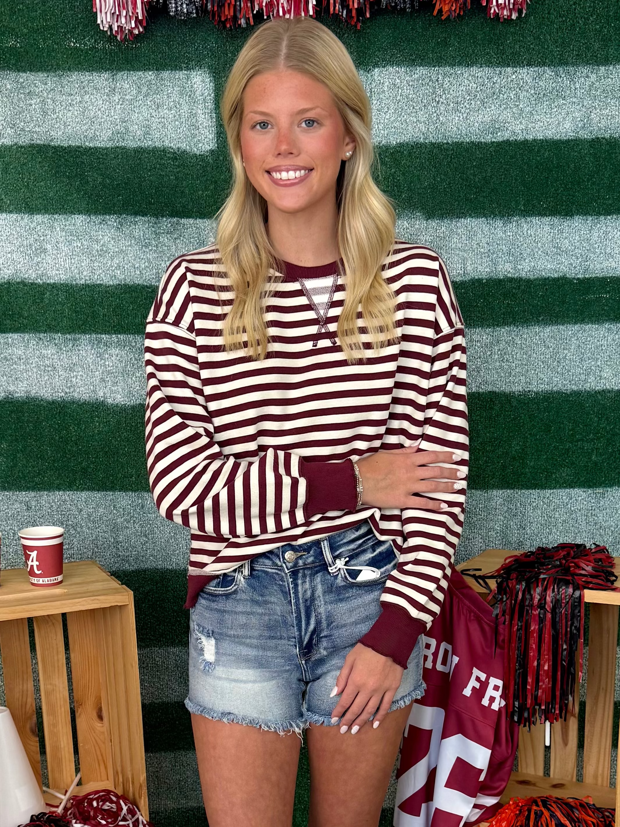 Weekend Darling Burgundy Mix Stripe Solid Trim Top-Shop-Womens-Boutique-Clothing