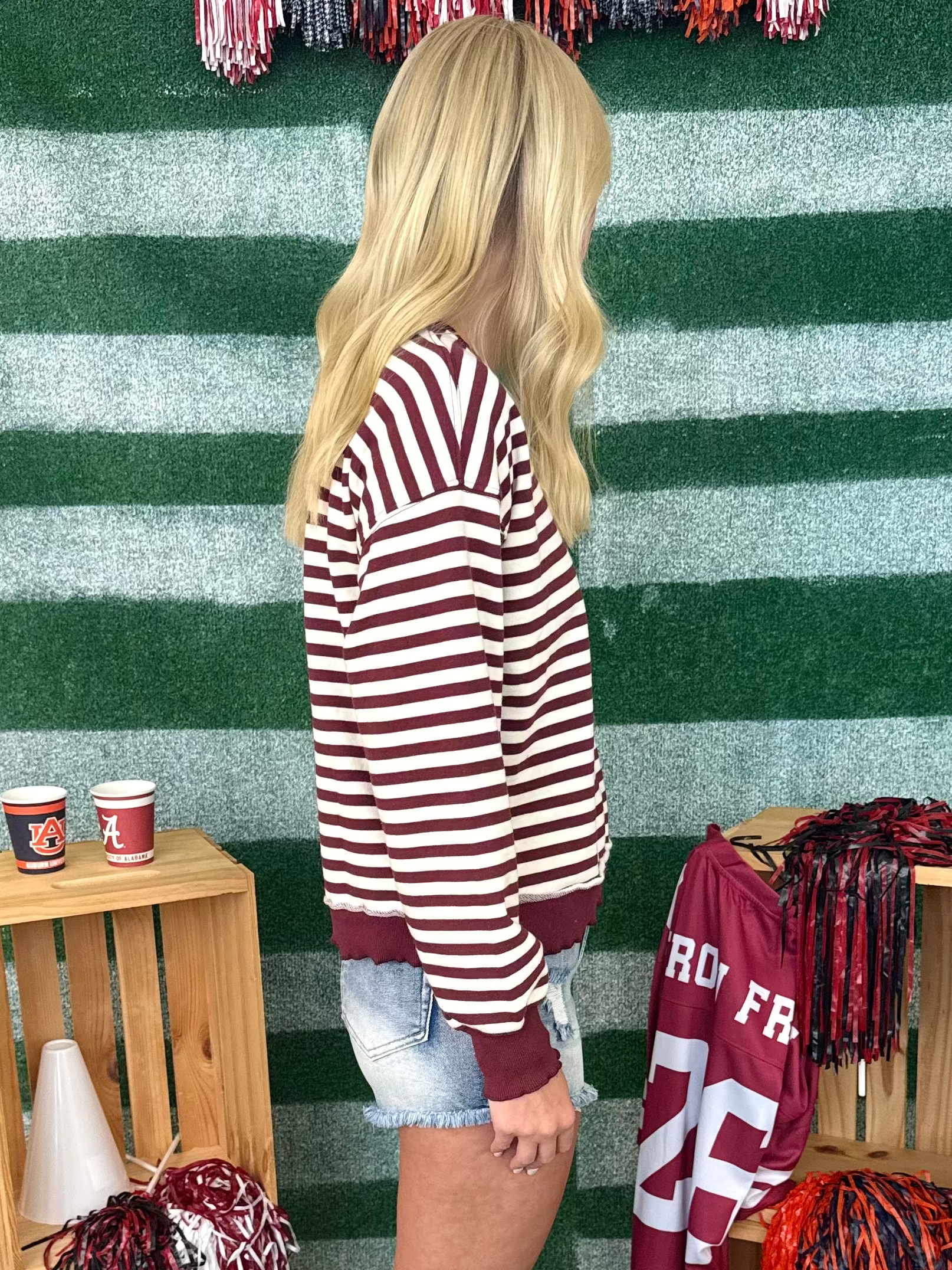 Weekend Darling Burgundy Mix Stripe Solid Trim Top-Shop-Womens-Boutique-Clothing
