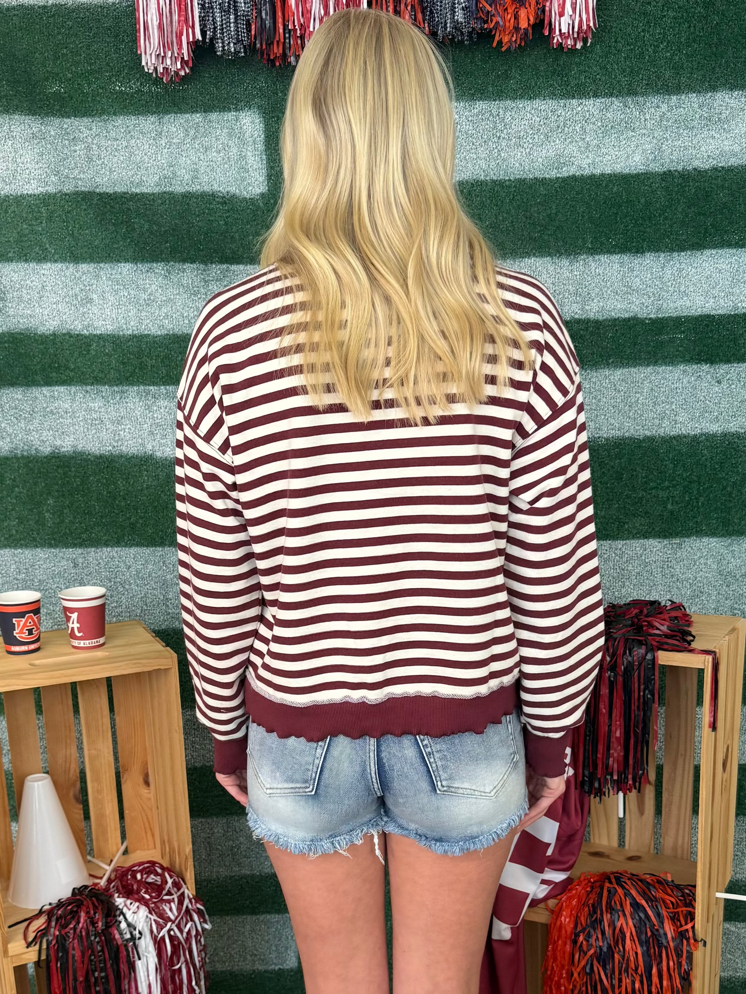 Weekend Darling Burgundy Mix Stripe Solid Trim Top-Shop-Womens-Boutique-Clothing