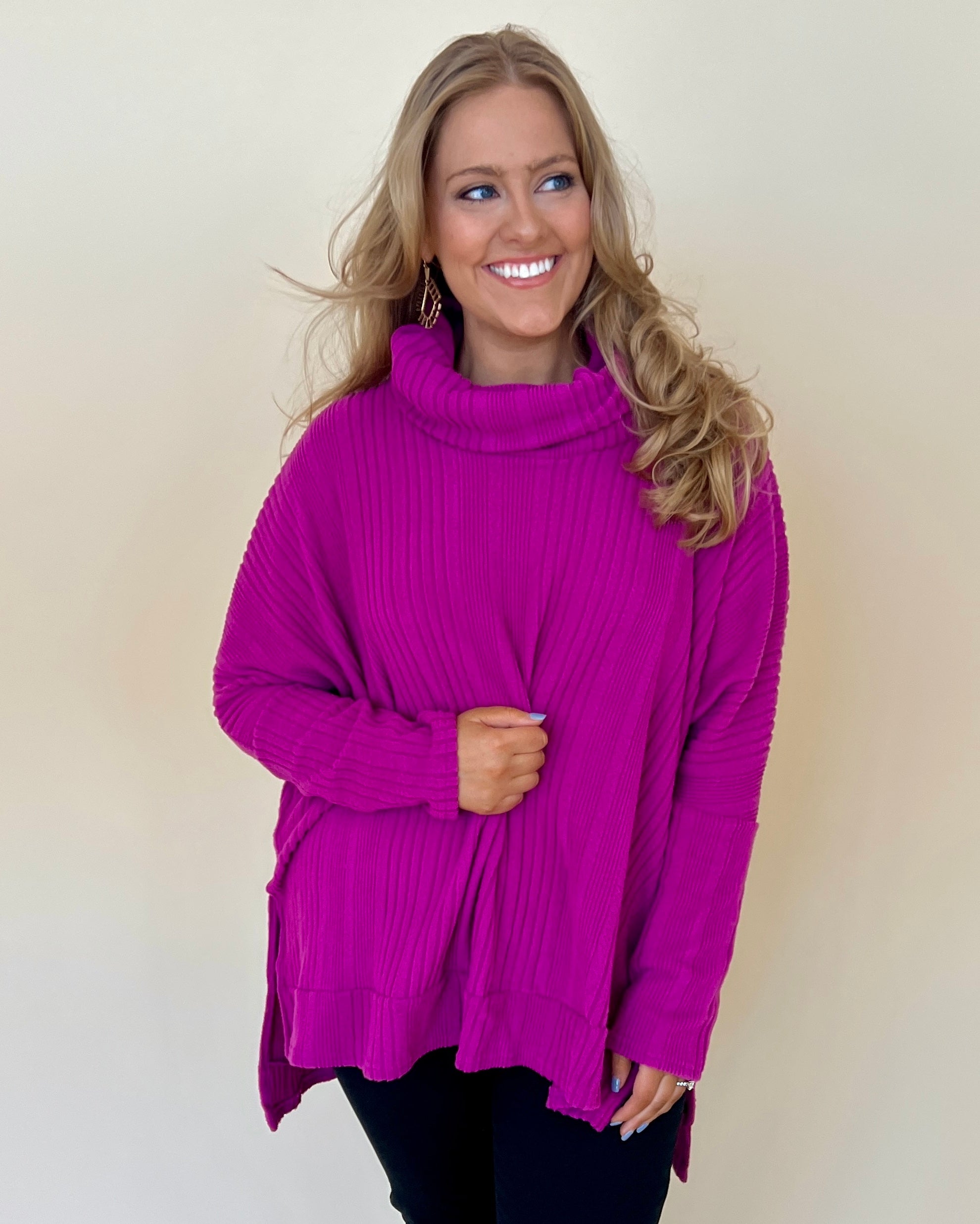 A New Start Magenta Plus Ribbed Cowl Neck Knit Top-Shop-Womens-Boutique-Clothing
