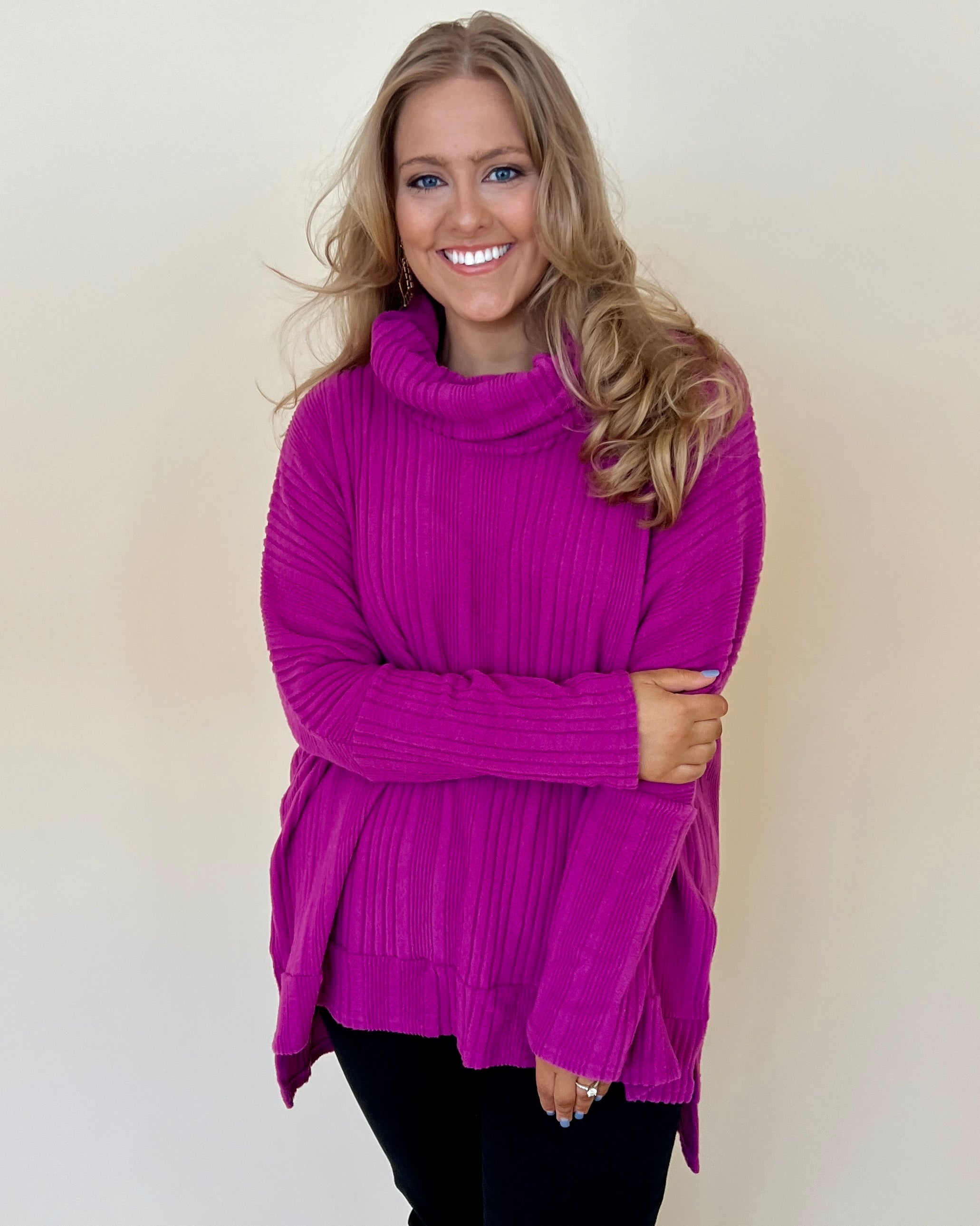 A New Start Magenta Plus Ribbed Cowl Neck Knit Top-Shop-Womens-Boutique-Clothing