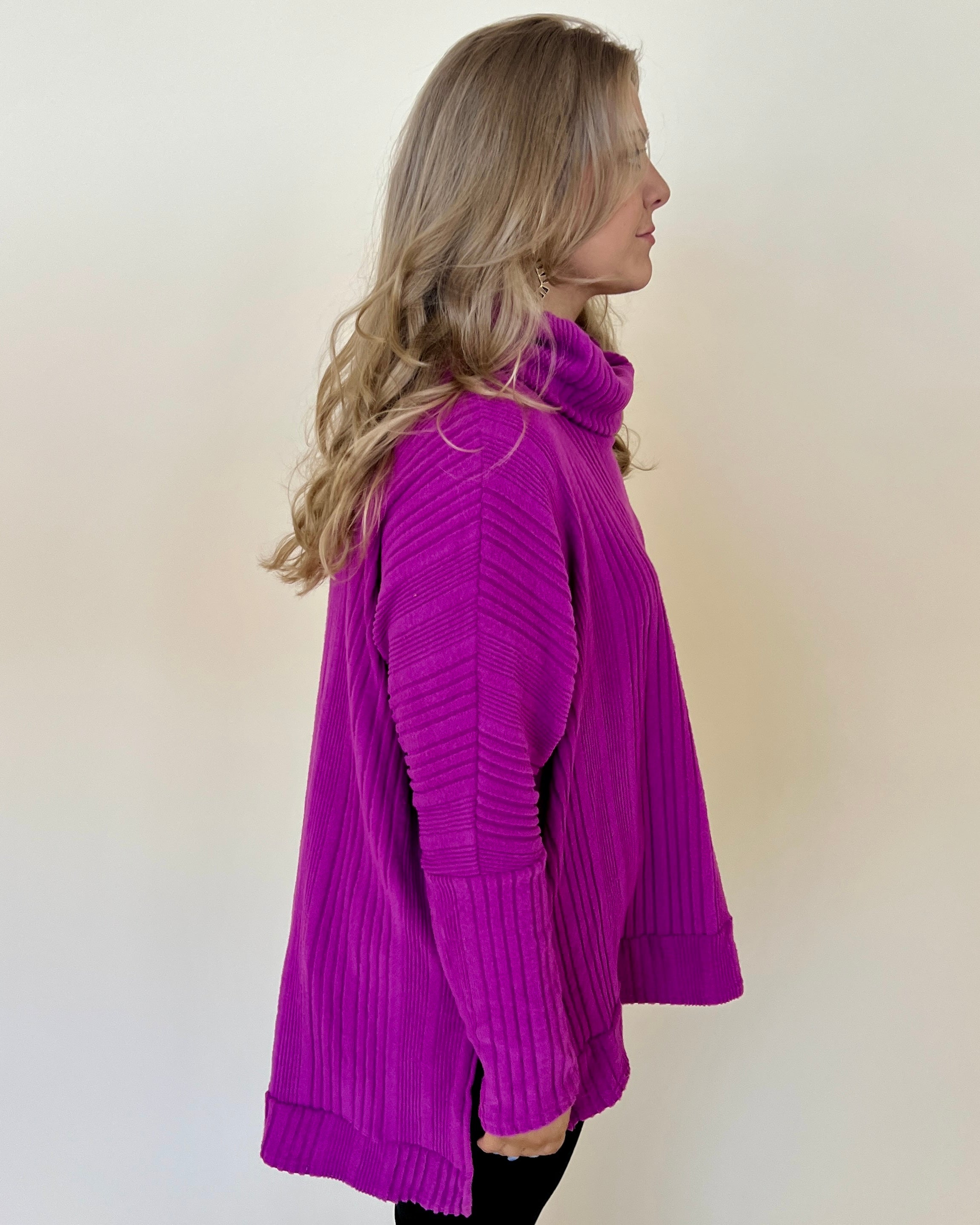 A New Start Magenta Plus Ribbed Cowl Neck Knit Top-Shop-Womens-Boutique-Clothing