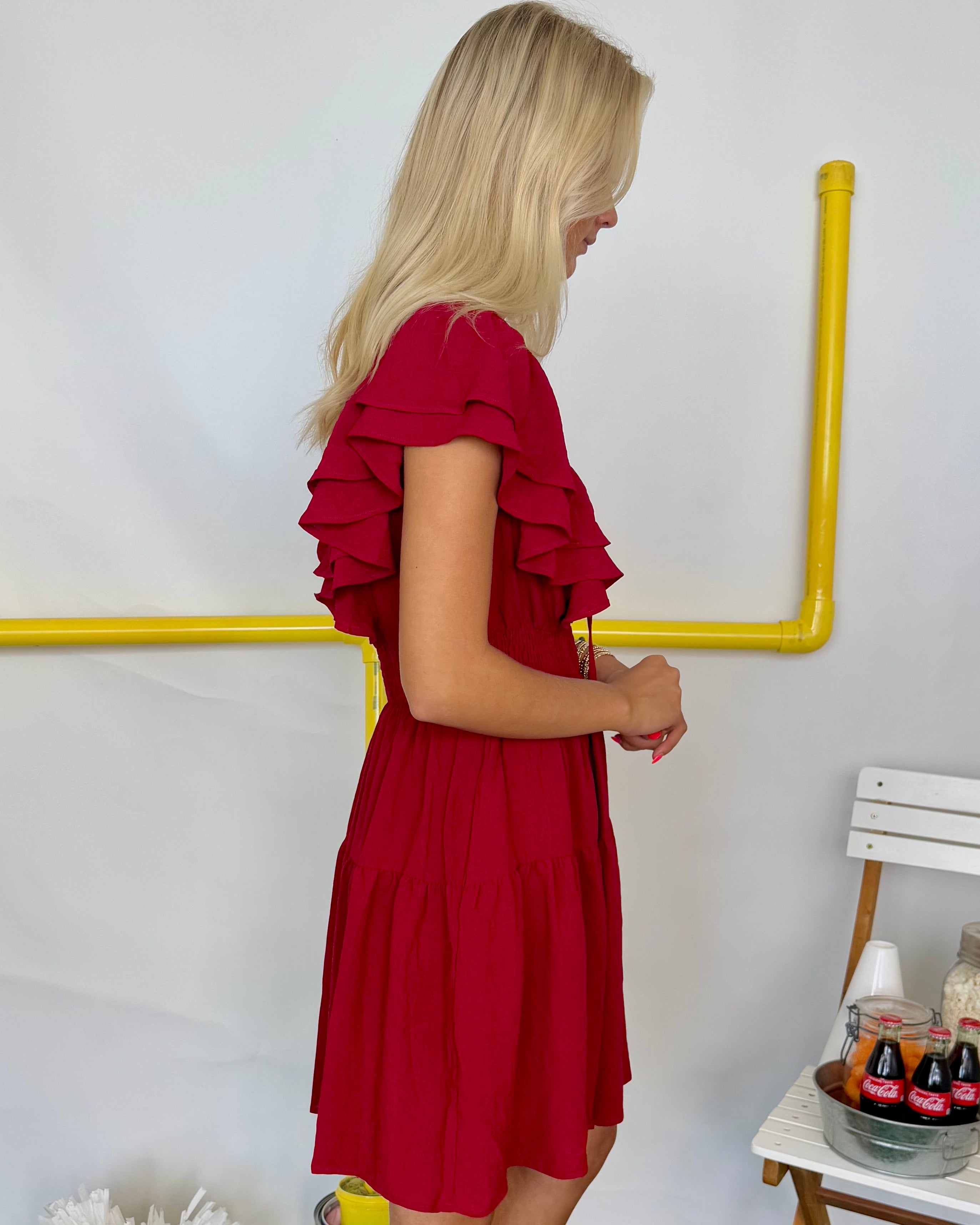 All Unfolds Red Flutter Smocked Dress-Shop-Womens-Boutique-Clothing