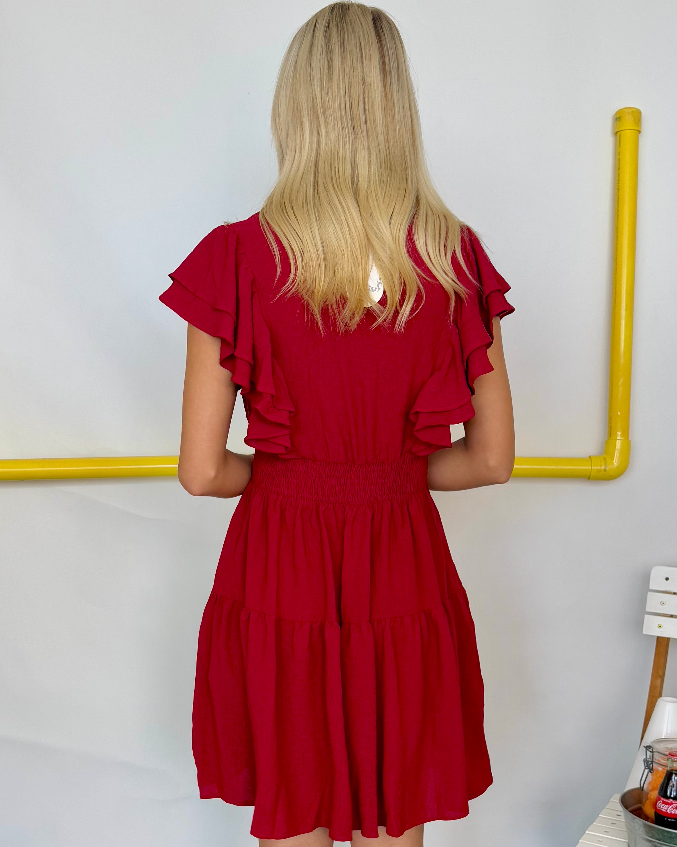 All Unfolds Red Flutter Smocked Dress-Shop-Womens-Boutique-Clothing