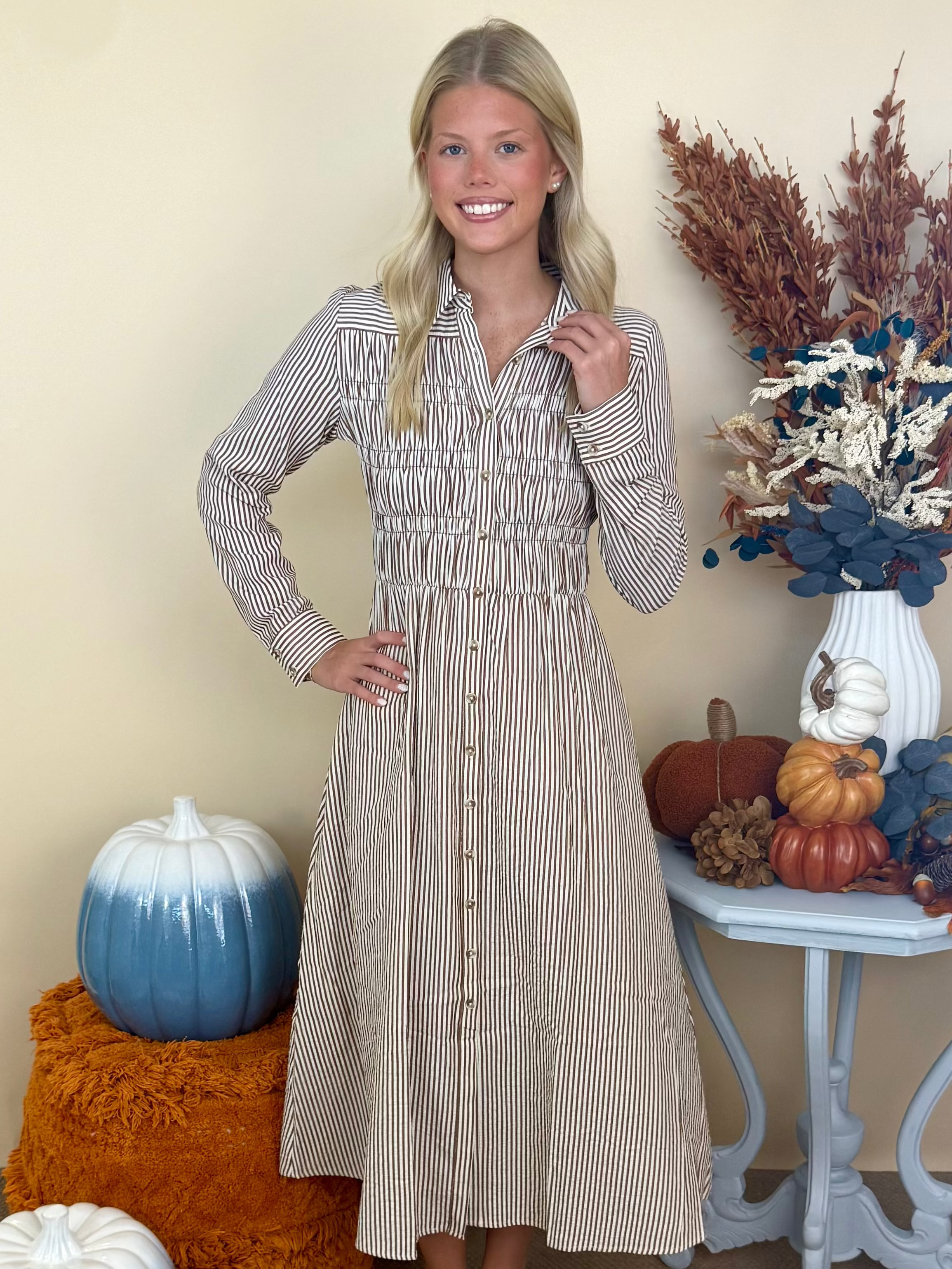 Polished Moment Brown Striped Shirred Collared Shirt Dress-Shop-Womens-Boutique-Clothing