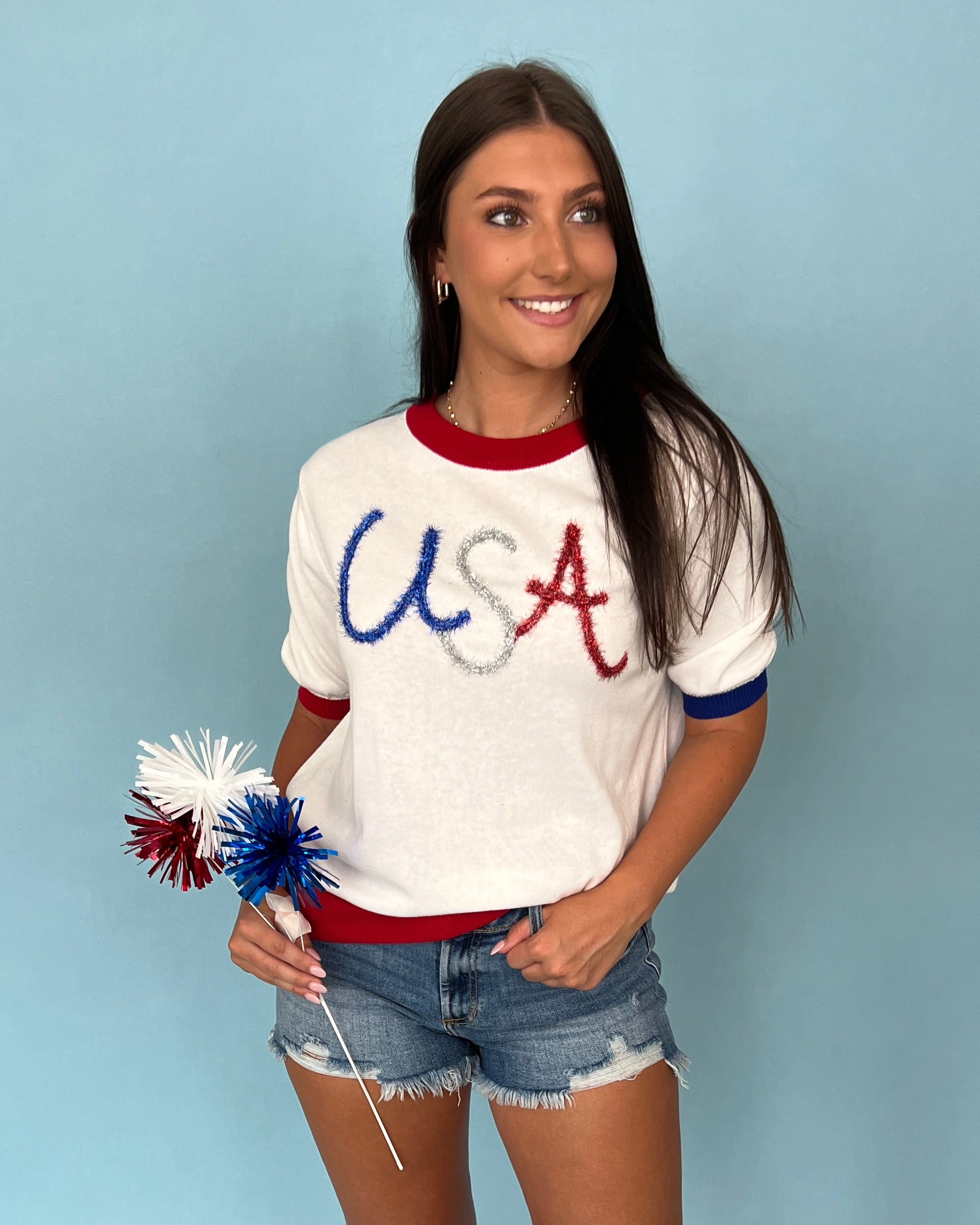 USA White/Red USA Metallic Letter Knit Top-Shop-Womens-Boutique-Clothing