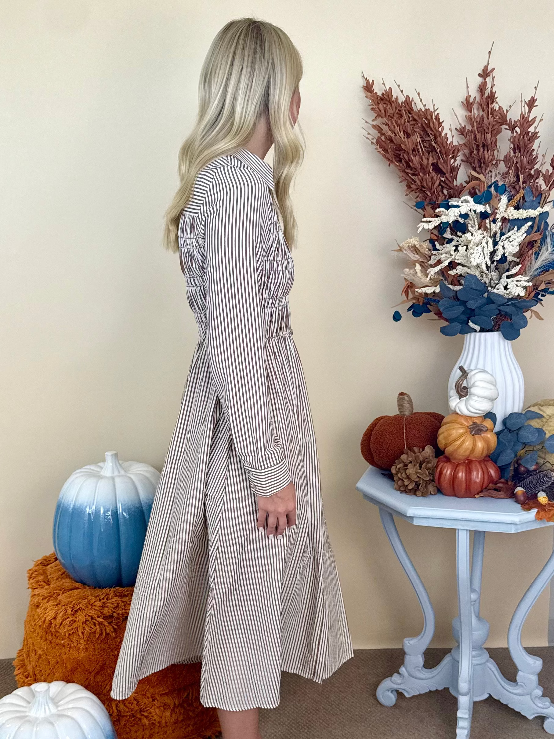 Polished Moment Brown Striped Shirred Collared Shirt Dress-Shop-Womens-Boutique-Clothing