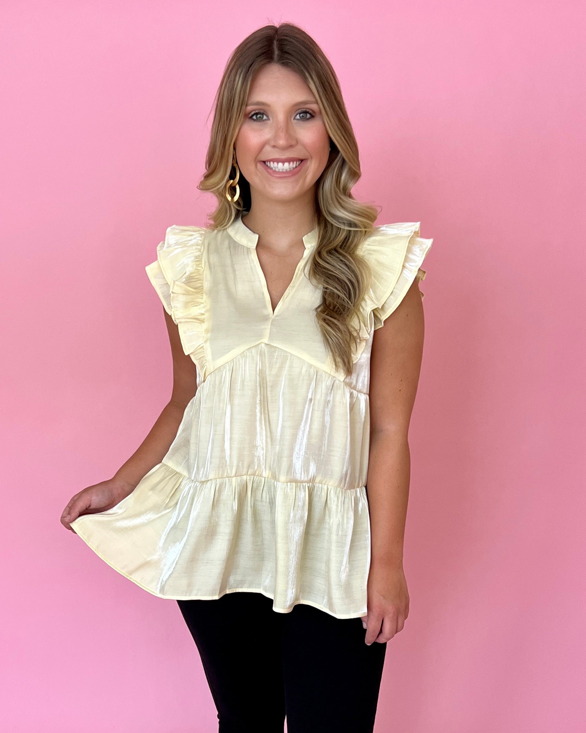 Radiant Beauty Cream Satin Tiered Split Neck Top-Shop-Womens-Boutique-Clothing