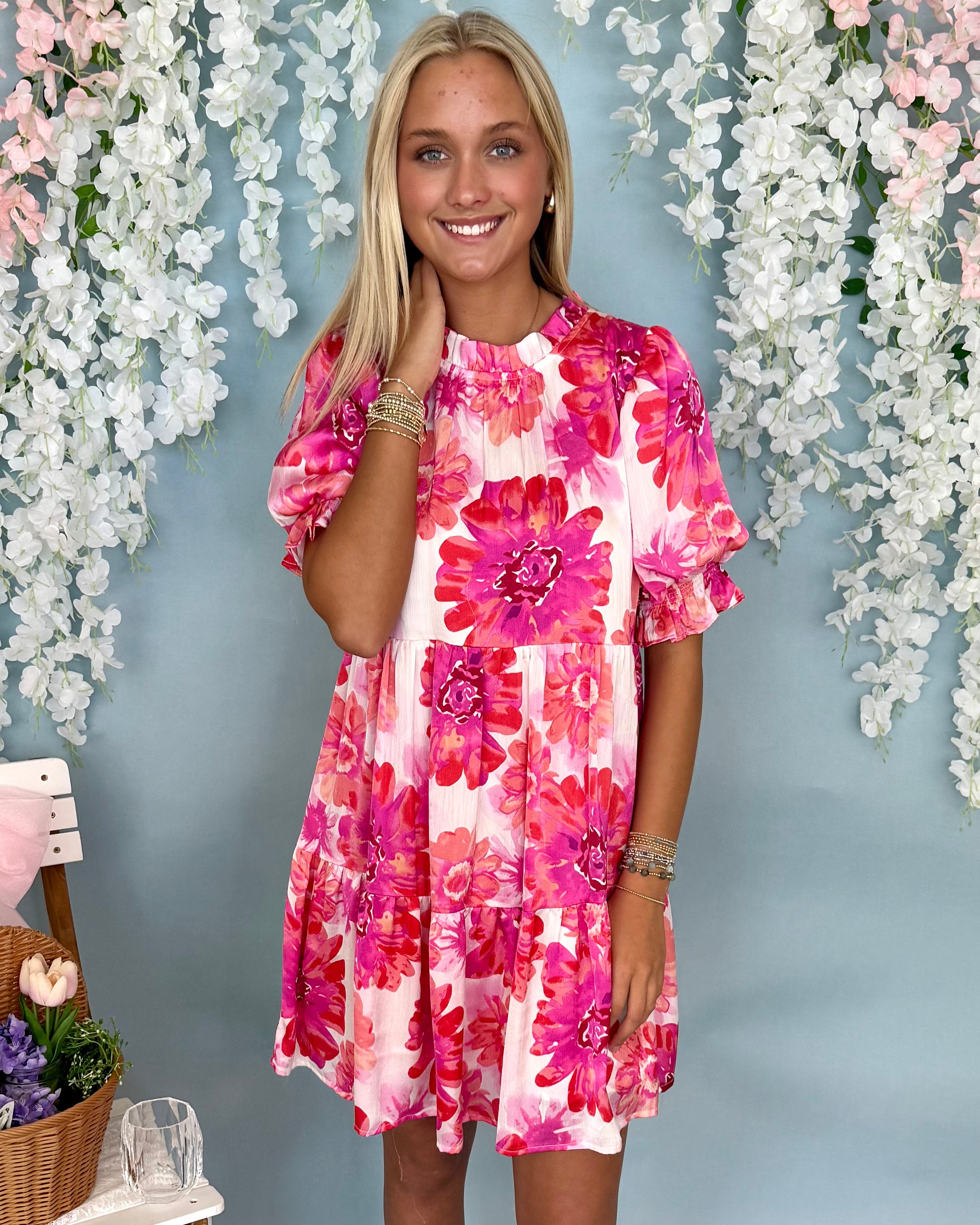All Attention Fuchsia Mix Floral Dress-Shop-Womens-Boutique-Clothing