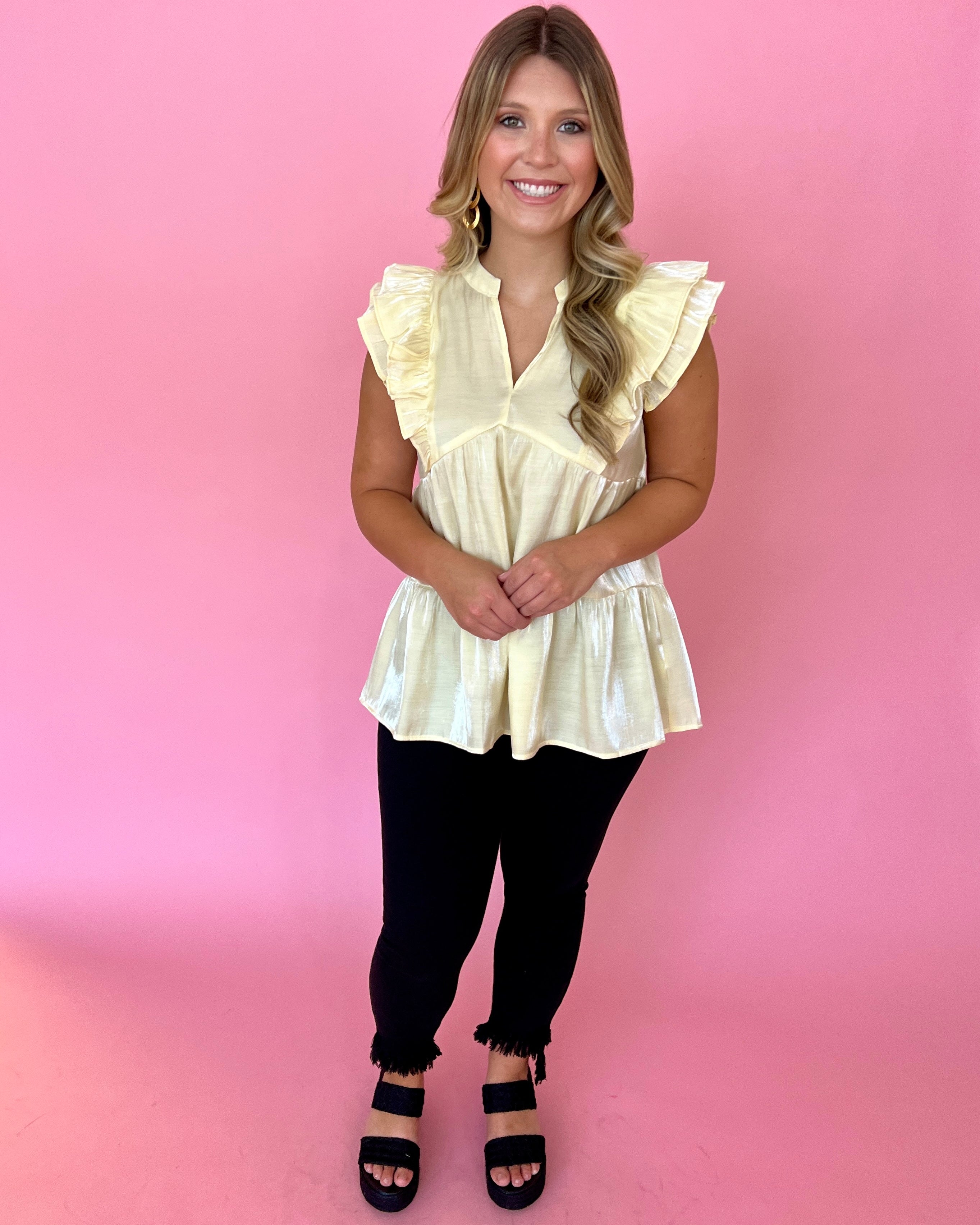 Radiant Beauty Cream Satin Tiered Split Neck Top-Shop-Womens-Boutique-Clothing