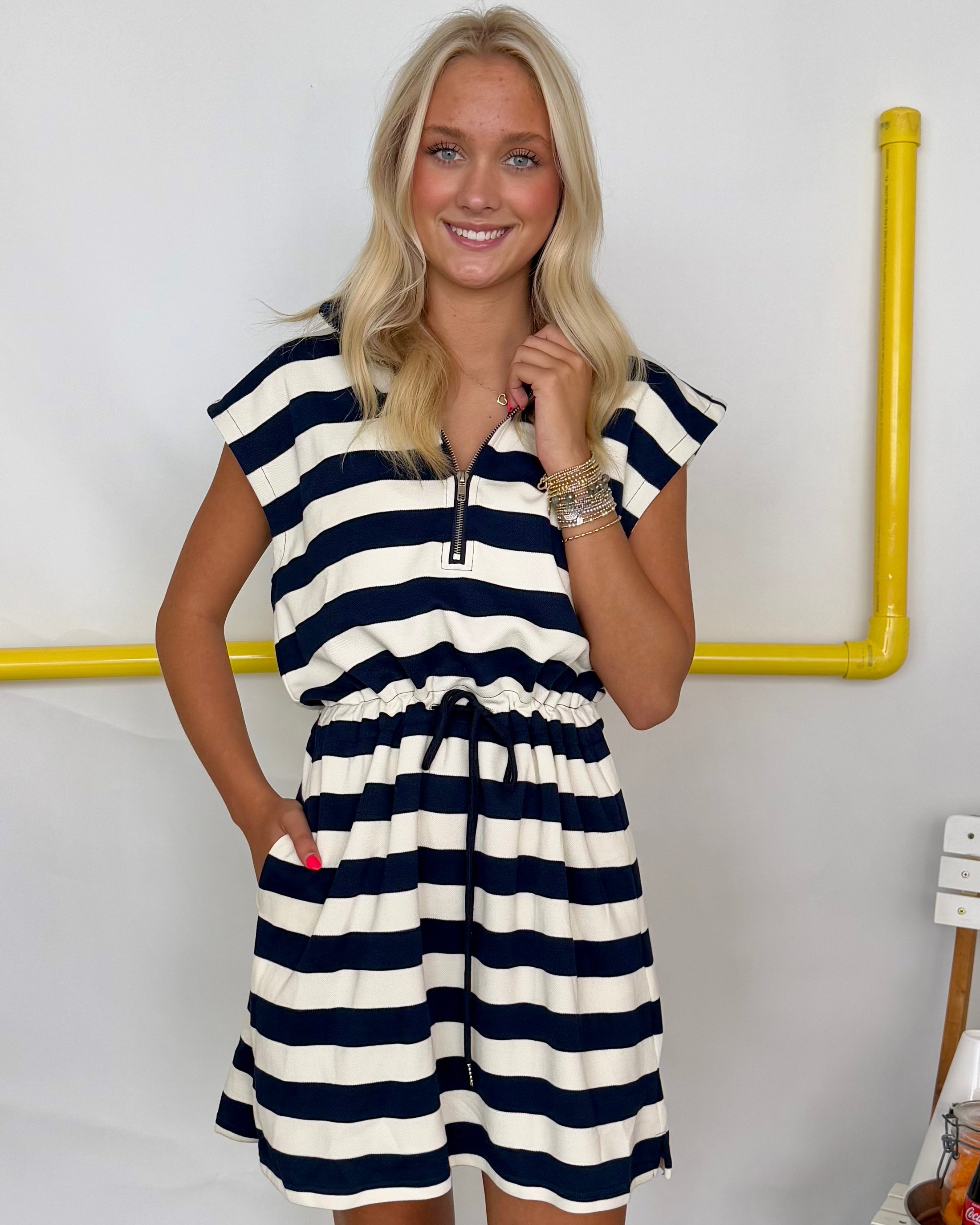 Future Fun Navy Stripe Zip Knit Dress-Shop-Womens-Boutique-Clothing