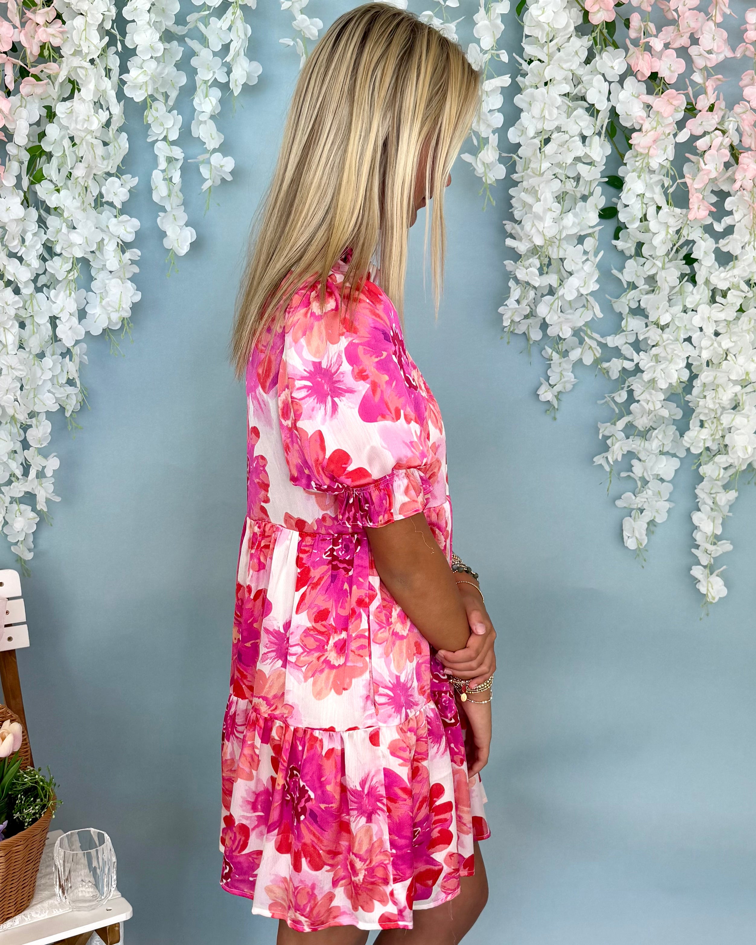 All Attention Fuchsia Mix Floral Dress-Shop-Womens-Boutique-Clothing