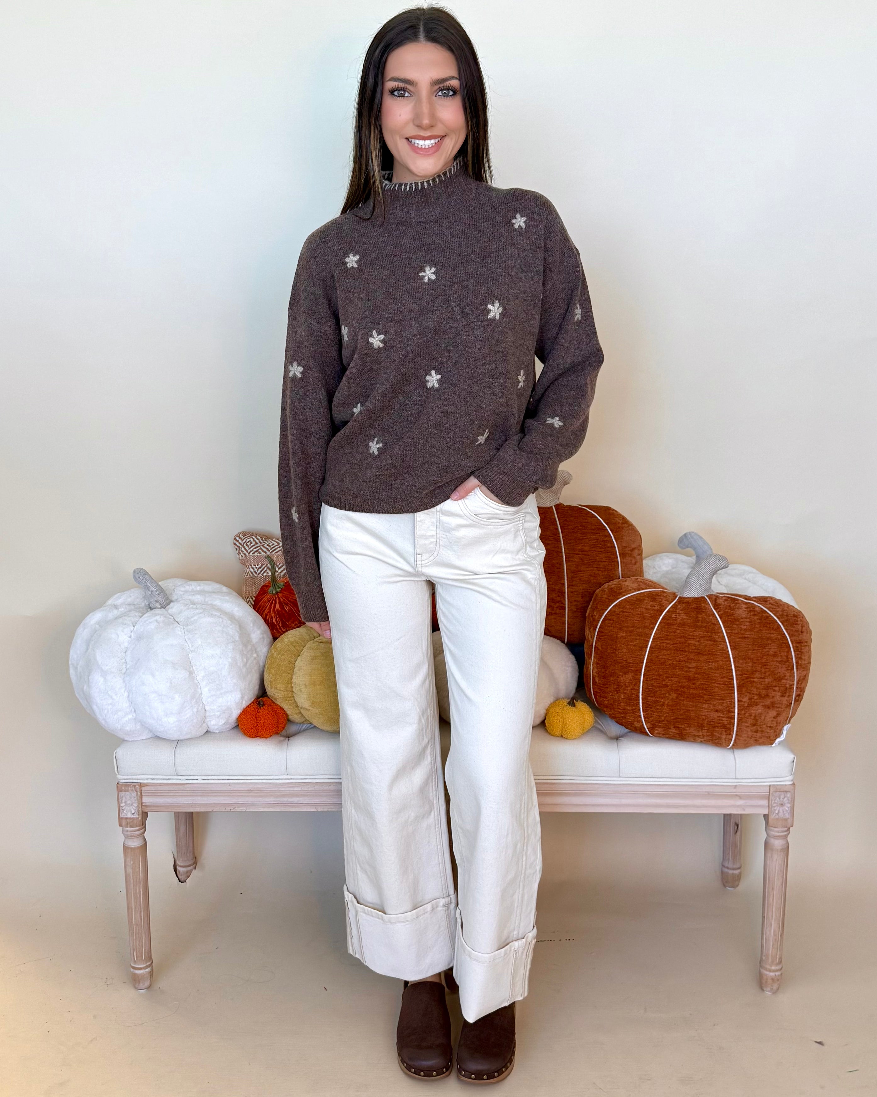 Made You Blush Brown Flower Mock Neck Sweater-Shop-Womens-Boutique-Clothing