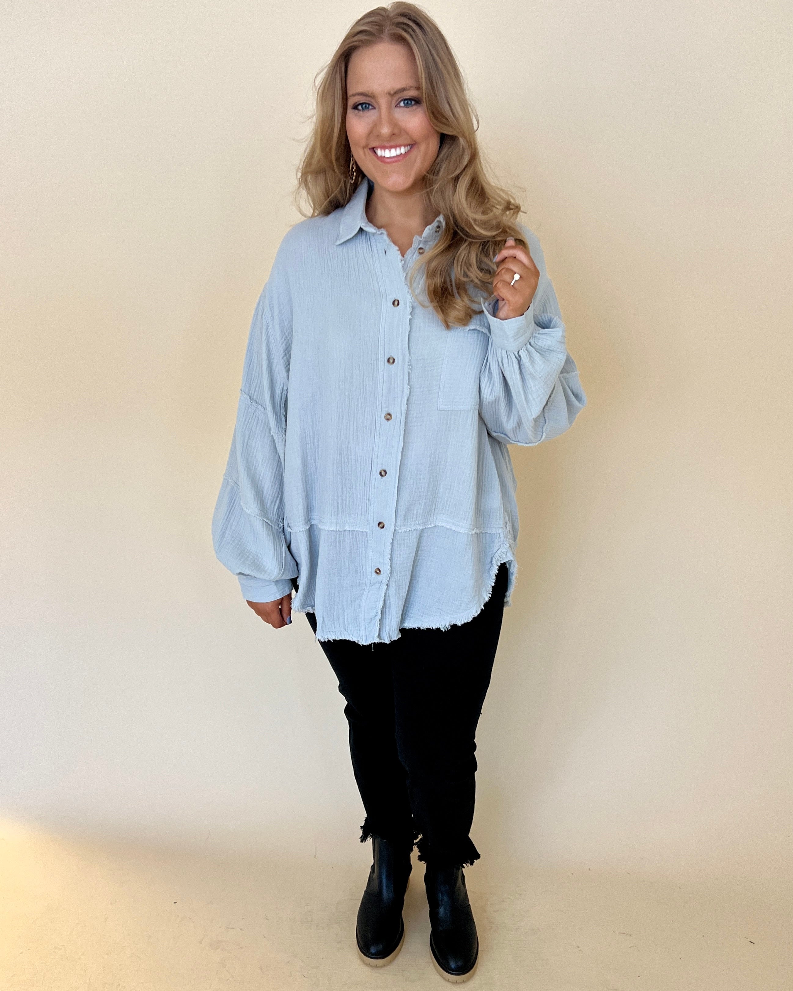 Lost Hope Dusty Blue Plus Gauze Top-Shop-Womens-Boutique-Clothing