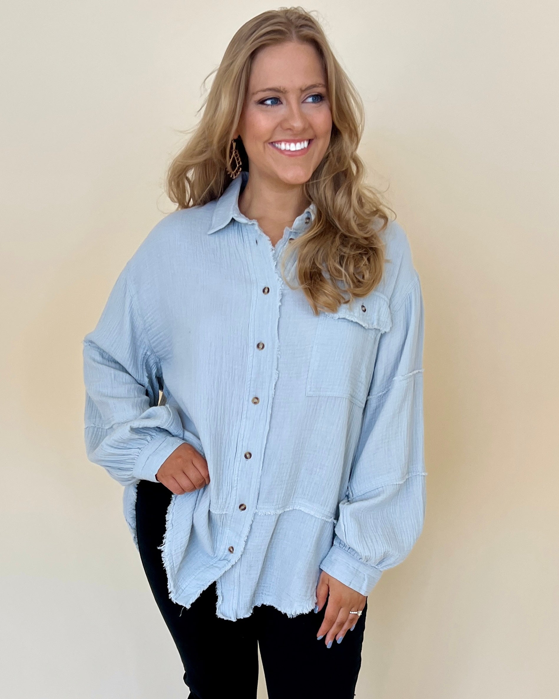Lost Hope Dusty Blue Plus Gauze Top-Shop-Womens-Boutique-Clothing