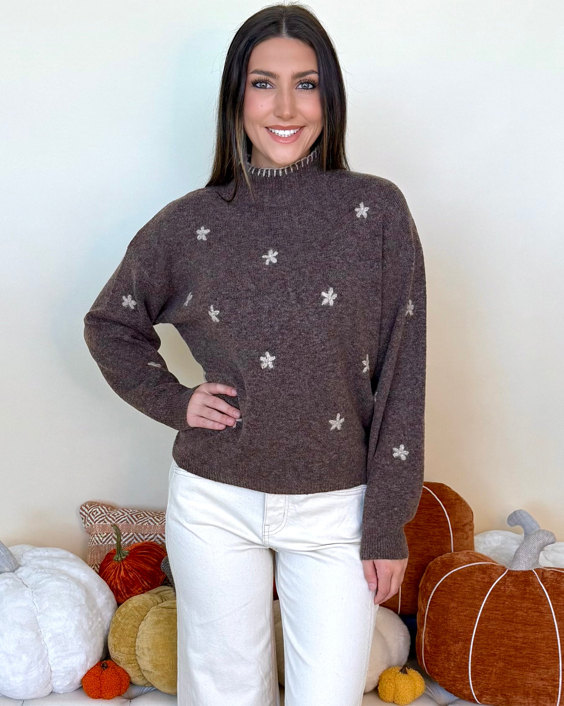 Made You Blush Brown Flower Mock Neck Sweater-Shop-Womens-Boutique-Clothing