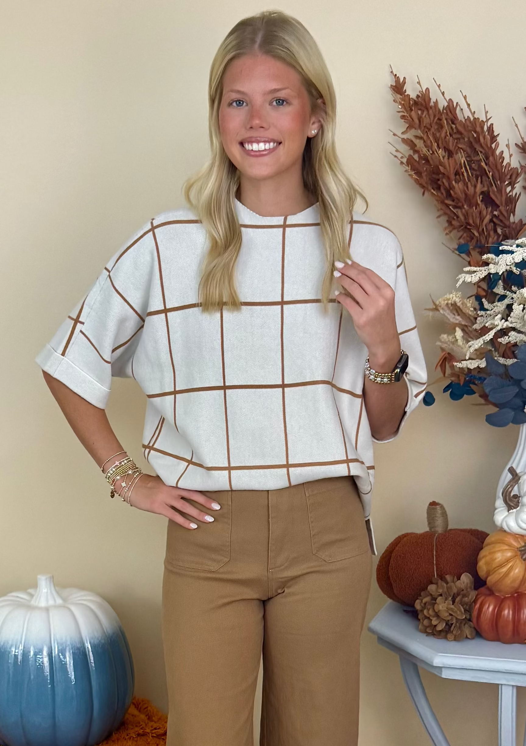 Here's to You Cream Drop Shoulder Grid Pattern Sweater-Shop-Womens-Boutique-Clothing