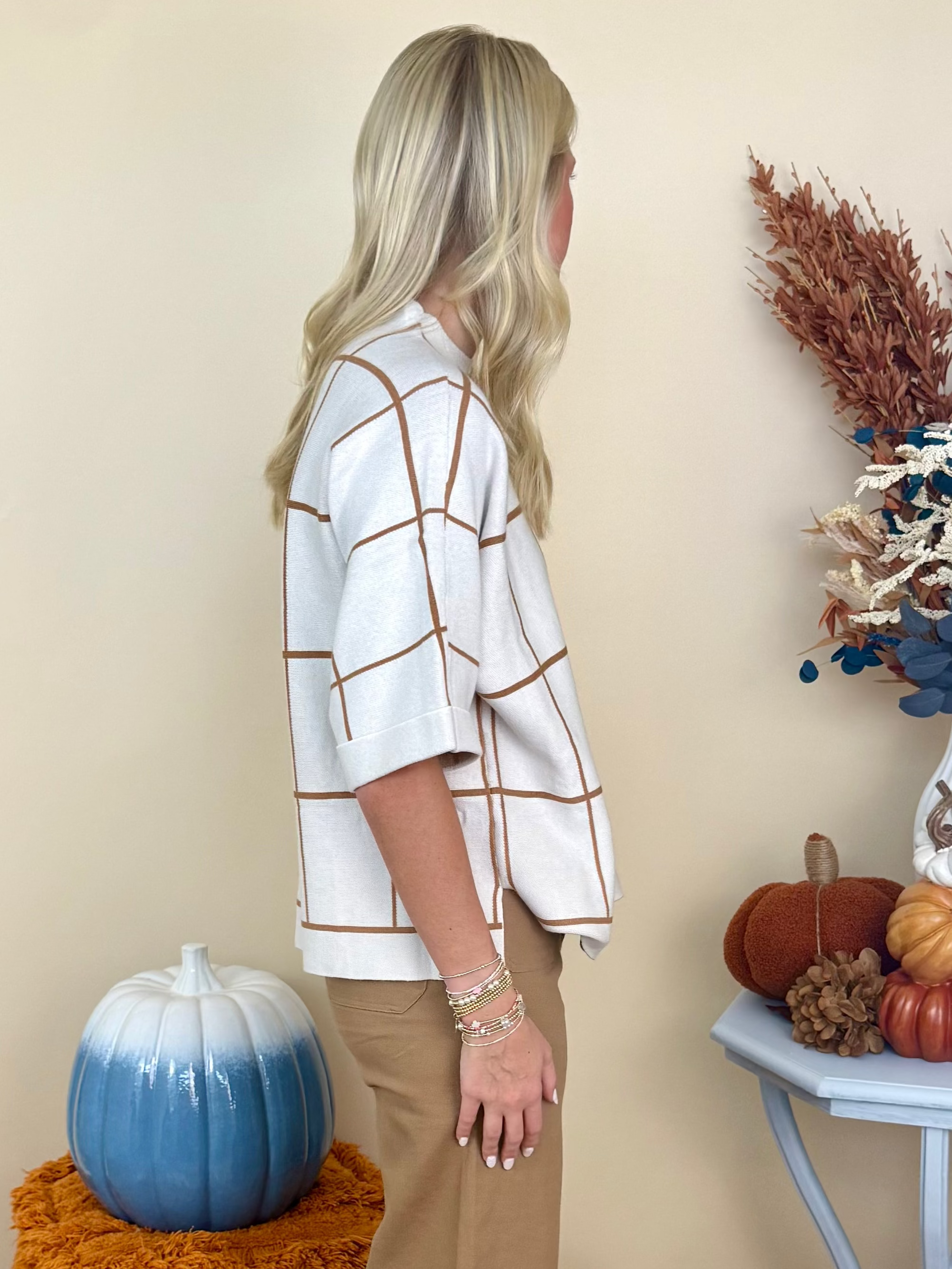Here's to You Cream Drop Shoulder Grid Pattern Sweater-Shop-Womens-Boutique-Clothing