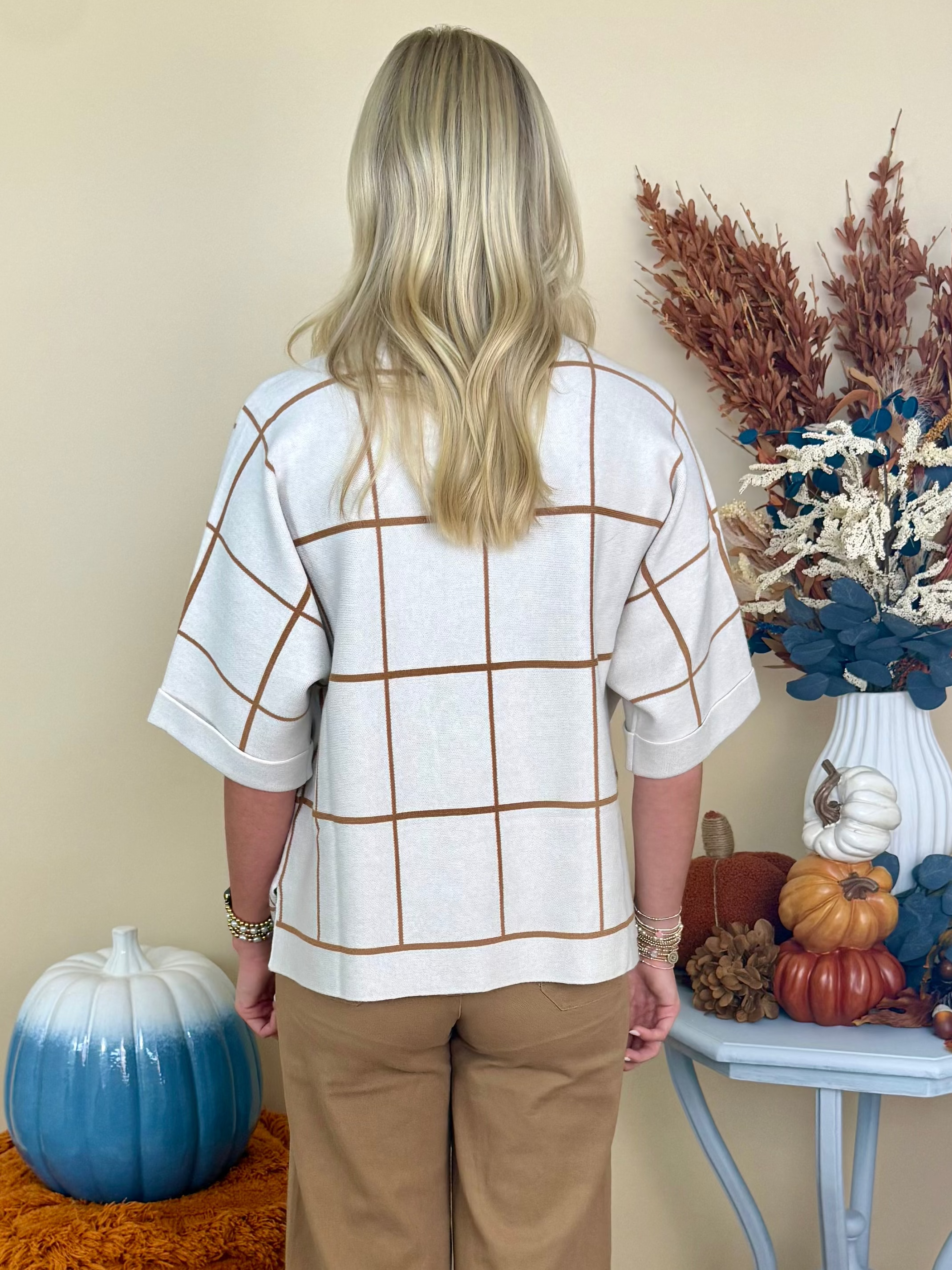 Here's to You Cream Drop Shoulder Grid Pattern Sweater-Shop-Womens-Boutique-Clothing