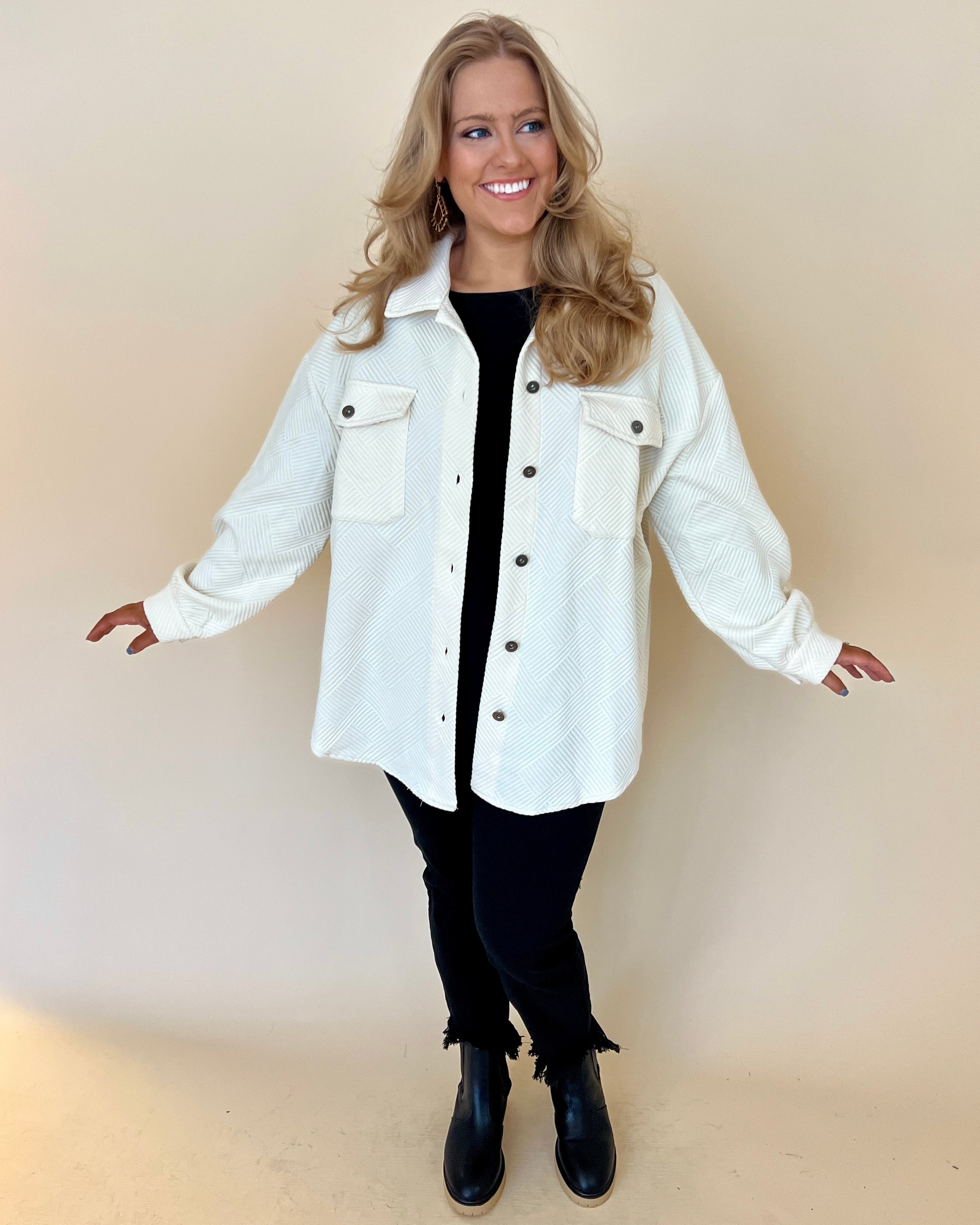 On My Way Ecru Plus Textured Shirt Jacket-Shop-Womens-Boutique-Clothing