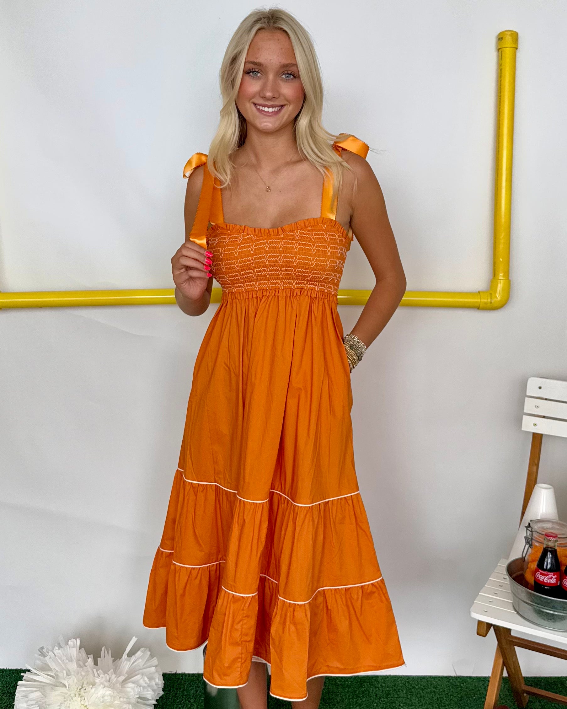 Any Occasion Orange Smocked Midi Dress-Shop-Womens-Boutique-Clothing