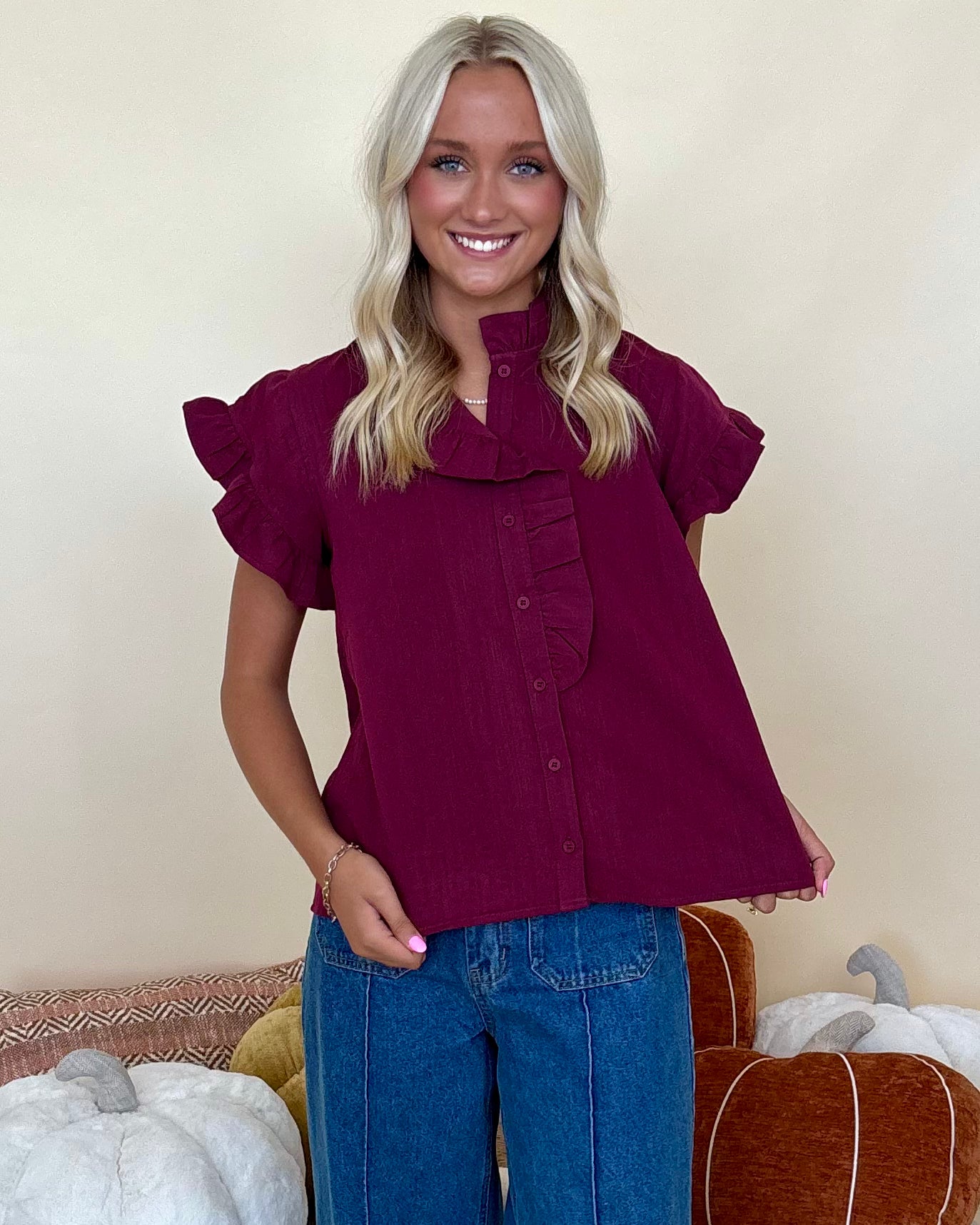 Back At It Burgundy Ruffle Top-Shop-Womens-Boutique-Clothing