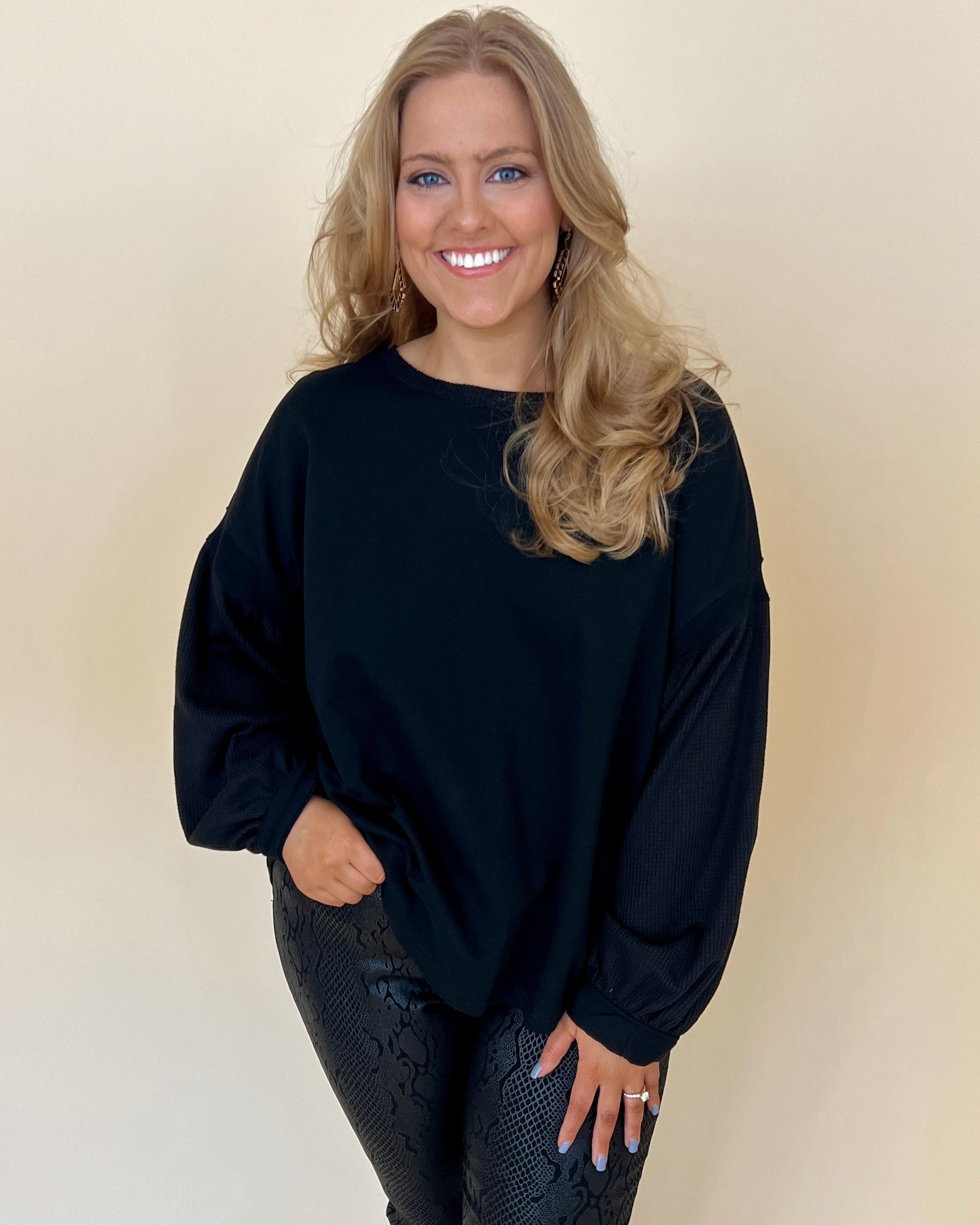 Giving In Black Plus Waffle Knit Top-Shop-Womens-Boutique-Clothing