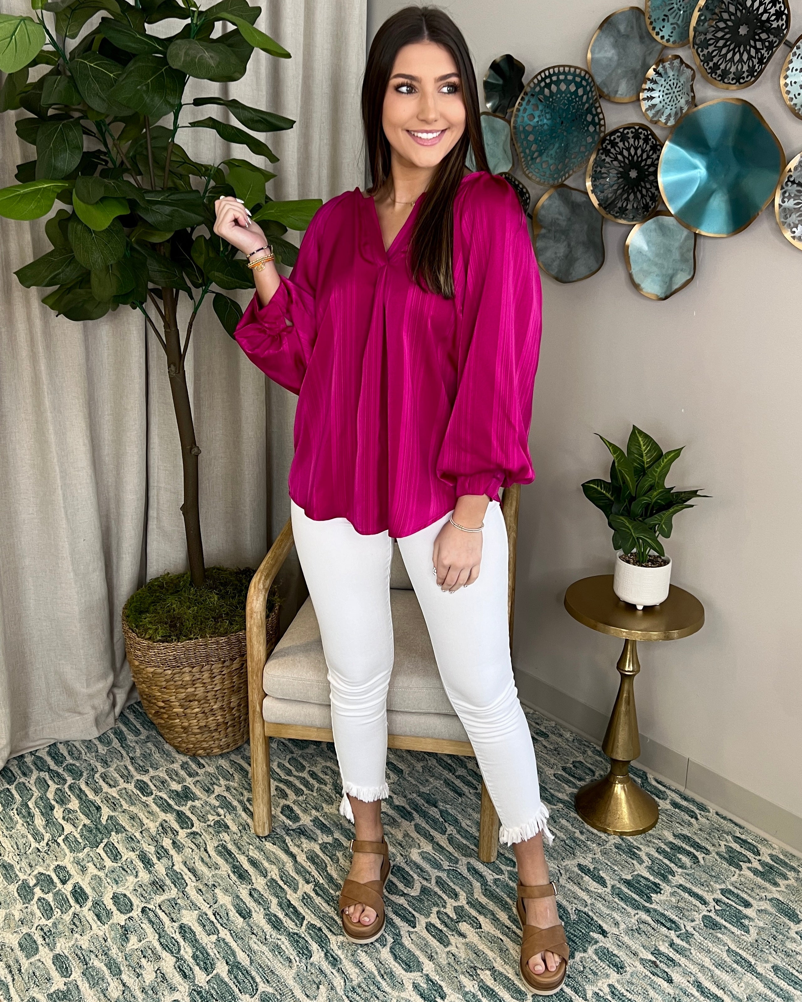 Chilly Wind Magenta Satin Stripe Top-Shop-Womens-Boutique-Clothing