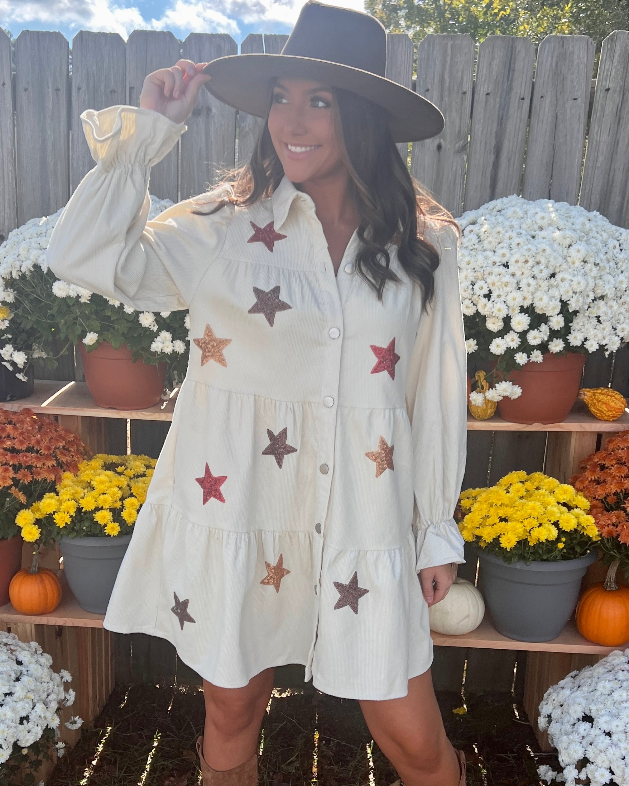 Nothing Better Sand Corduroy Star Sequins Dress-Shop-Womens-Boutique-Clothing