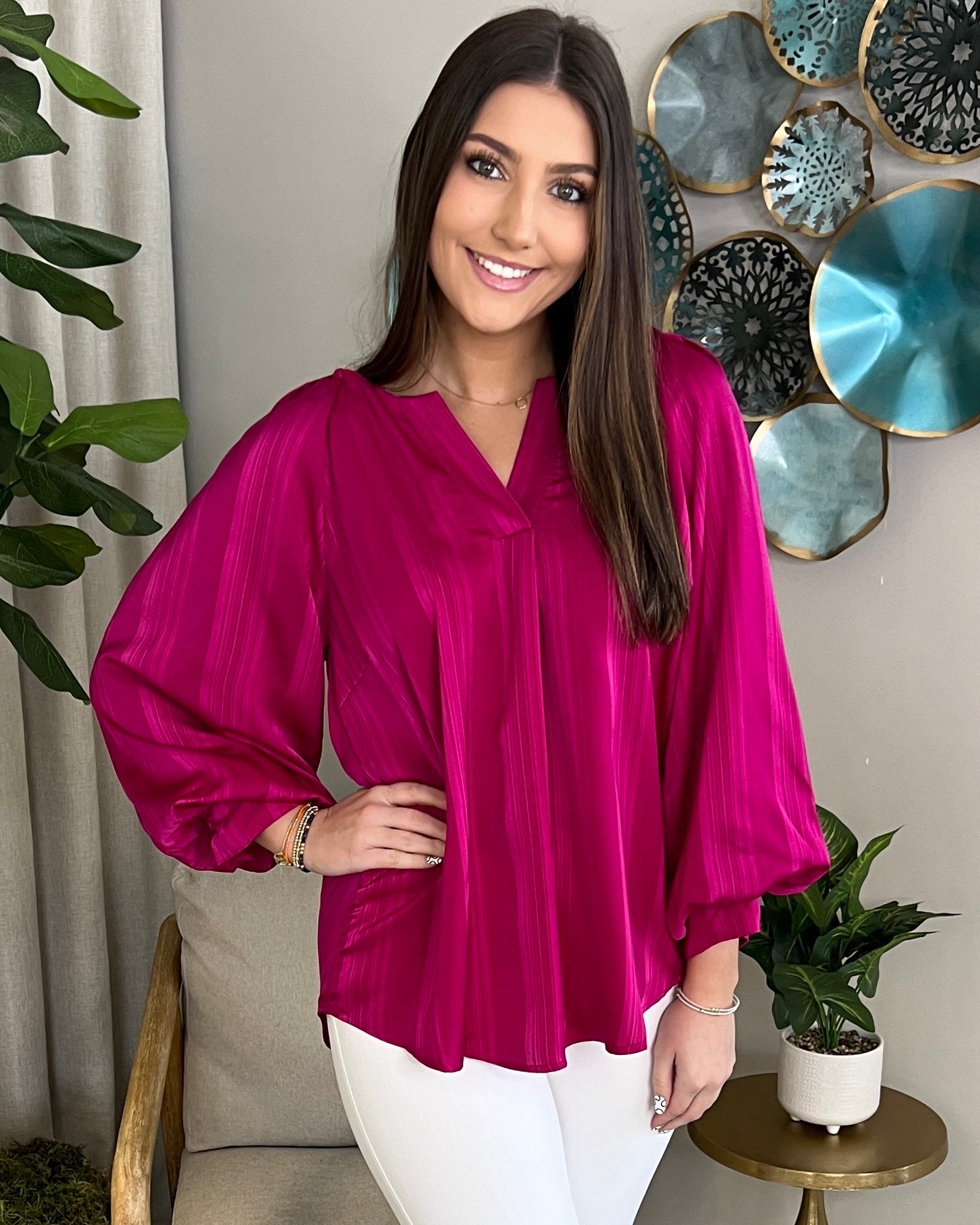 Chilly Wind Magenta Satin Stripe Top-Shop-Womens-Boutique-Clothing
