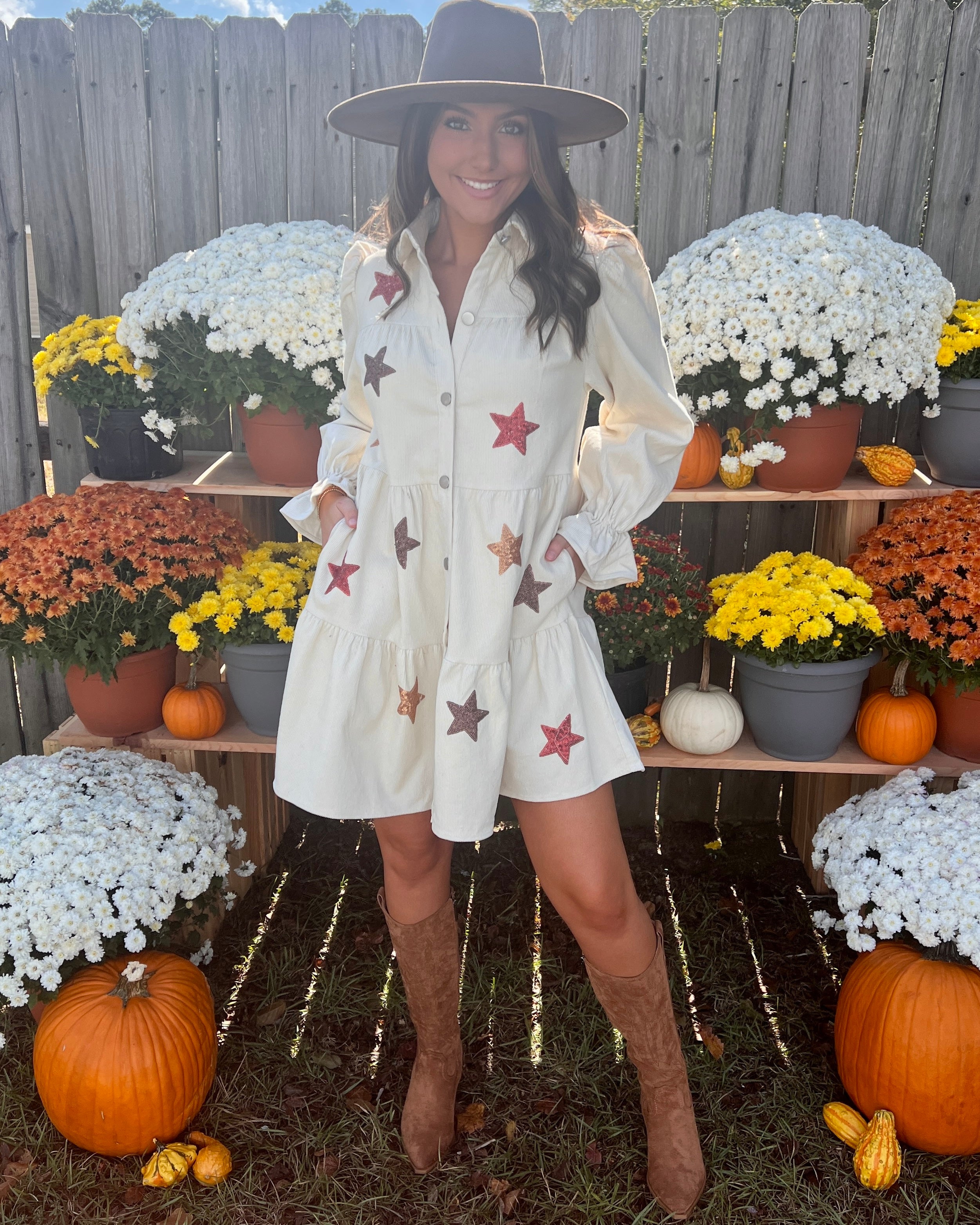 Nothing Better Sand Corduroy Star Sequins Dress-Shop-Womens-Boutique-Clothing