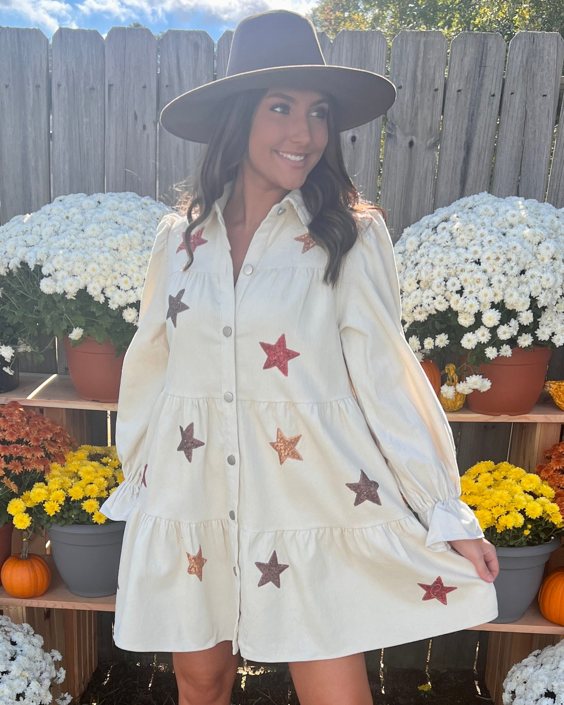 Nothing Better Sand Corduroy Star Sequins Dress-Shop-Womens-Boutique-Clothing