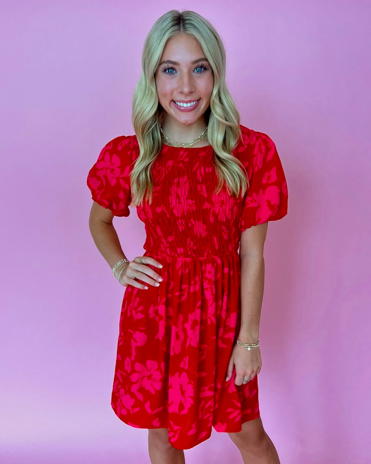 Pressed For Paradise Red Floral Puff Sleeve Smocked Dress-Shop-Womens-Boutique-Clothing