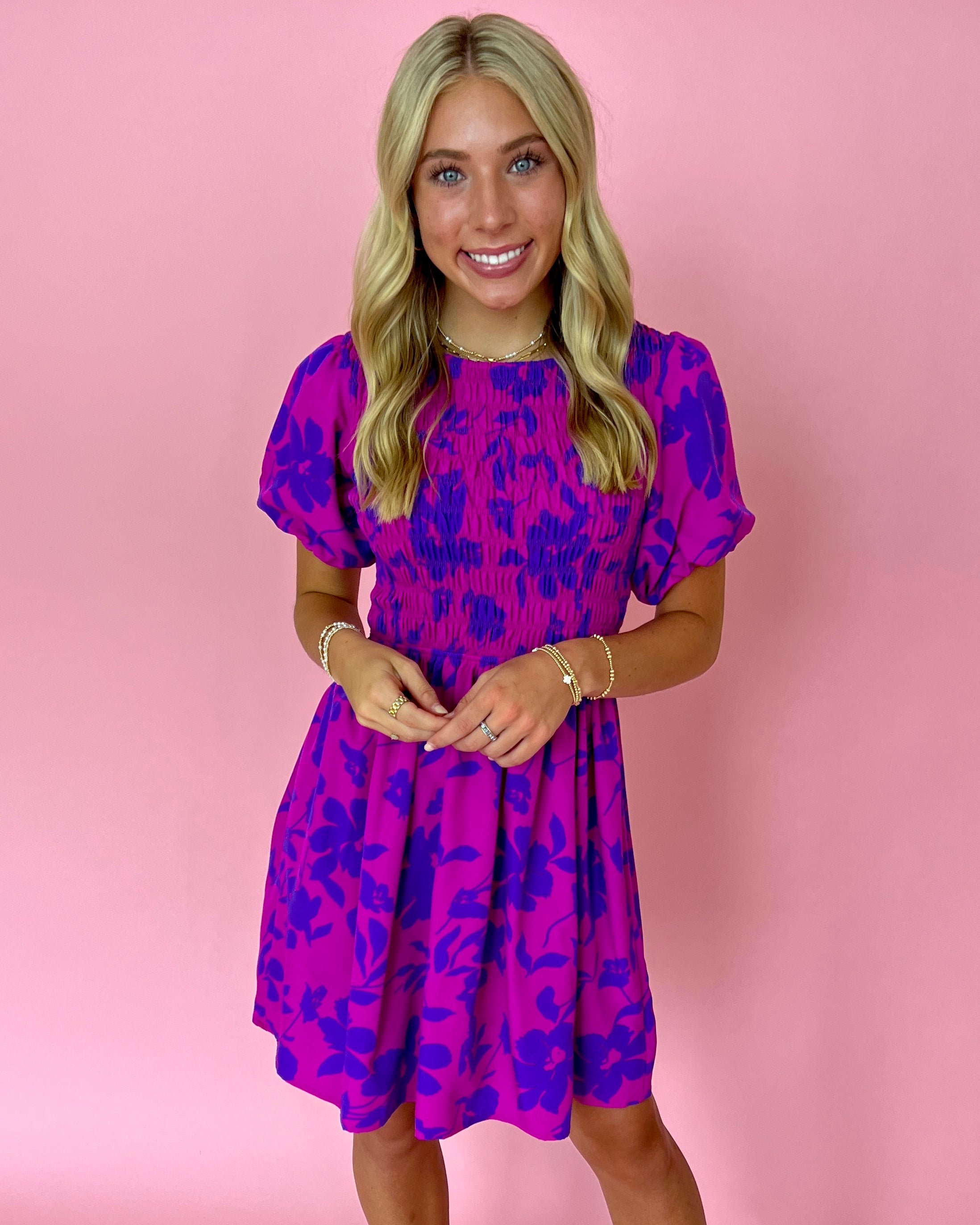 Pressed For Paradise Purple Floral Puff Sleeve Smocked Dress-Shop-Womens-Boutique-Clothing