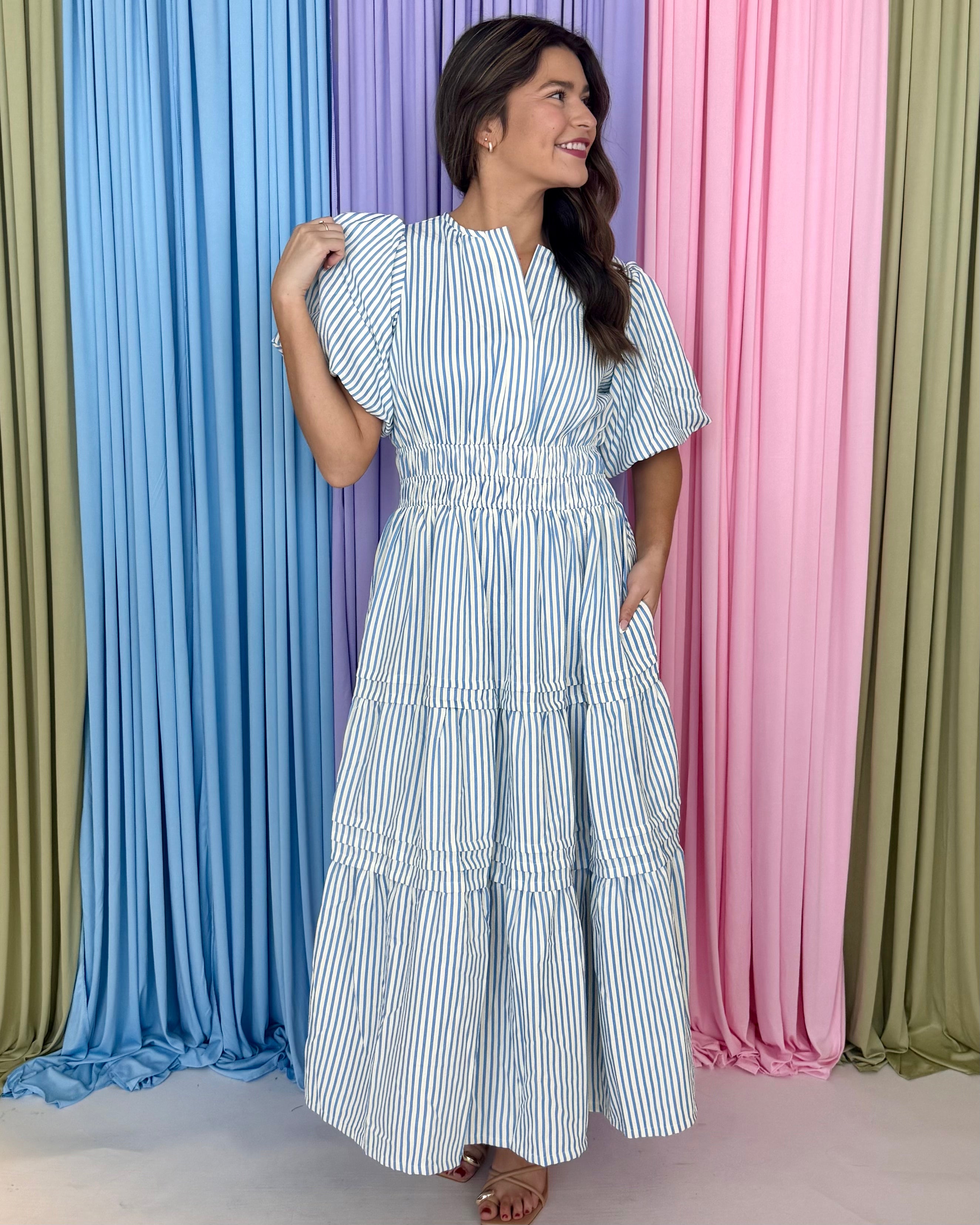 Pure Darling Blue Tiered Stripe Midi Dress-Shop-Womens-Boutique-Clothing