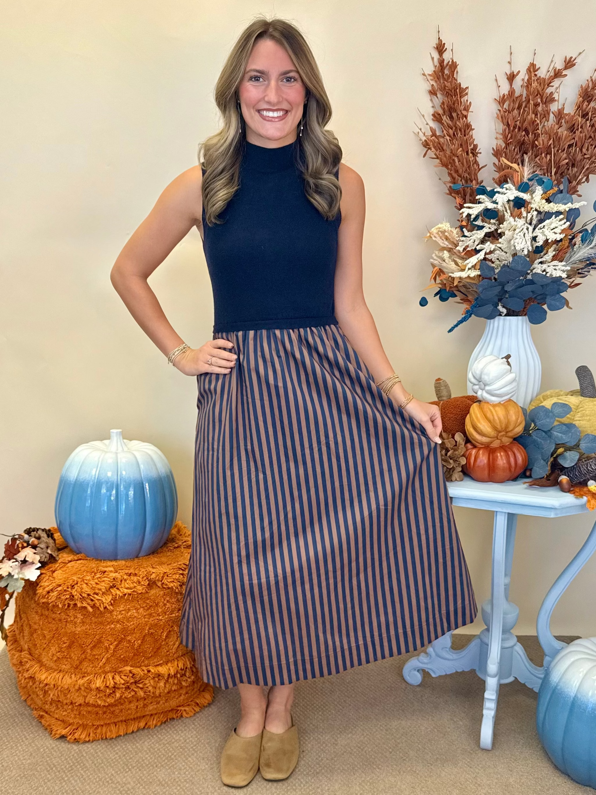 Cozy Evenings Navy Mock Neck Sleeveless Midi Dress-Shop-Womens-Boutique-Clothing