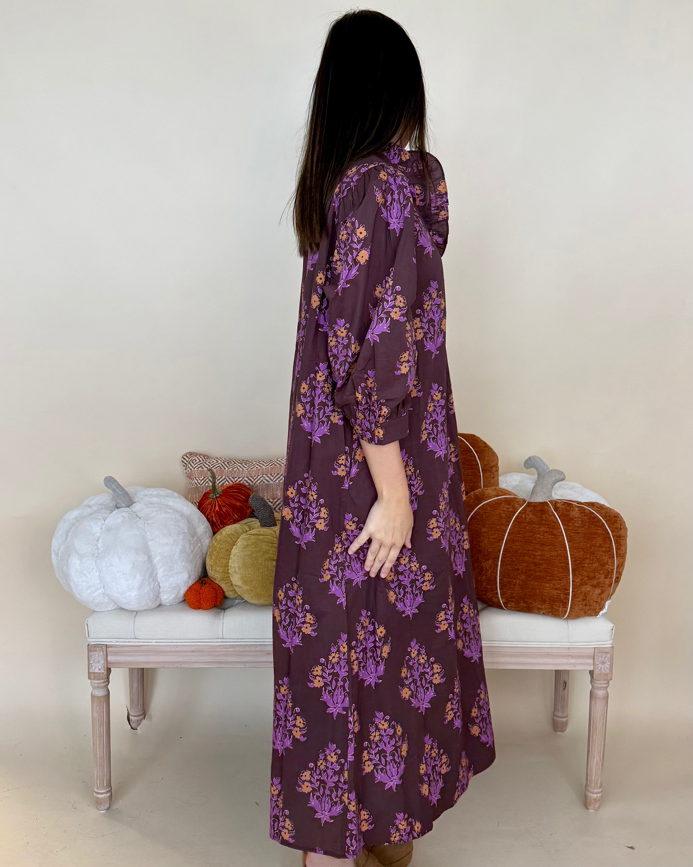 Blooming Gently Chocolate Print Ruffle Midi Dress-Shop-Womens-Boutique-Clothing