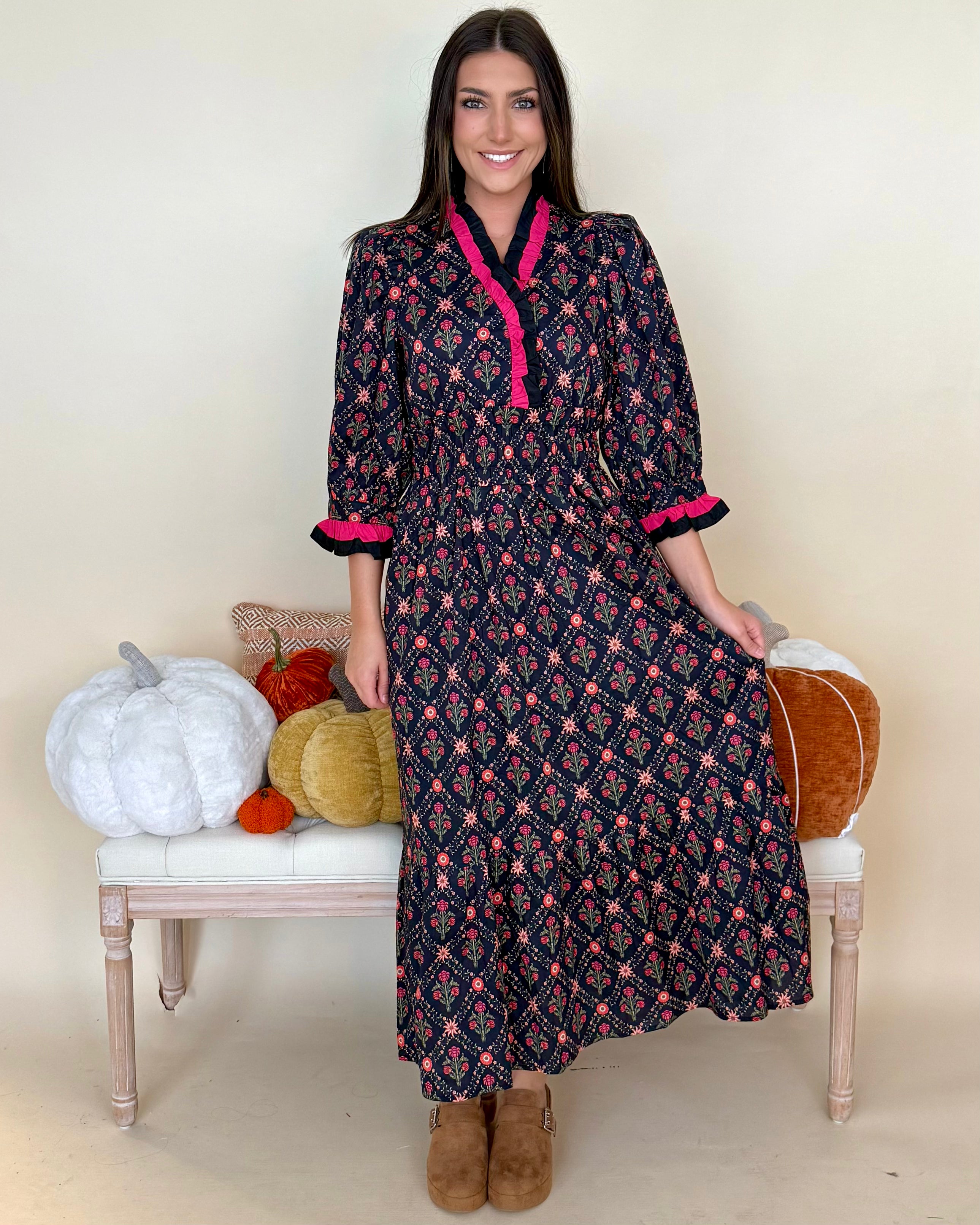 Darling Detail Black Floral Ruffle Midi Dress-Shop-Womens-Boutique-Clothing