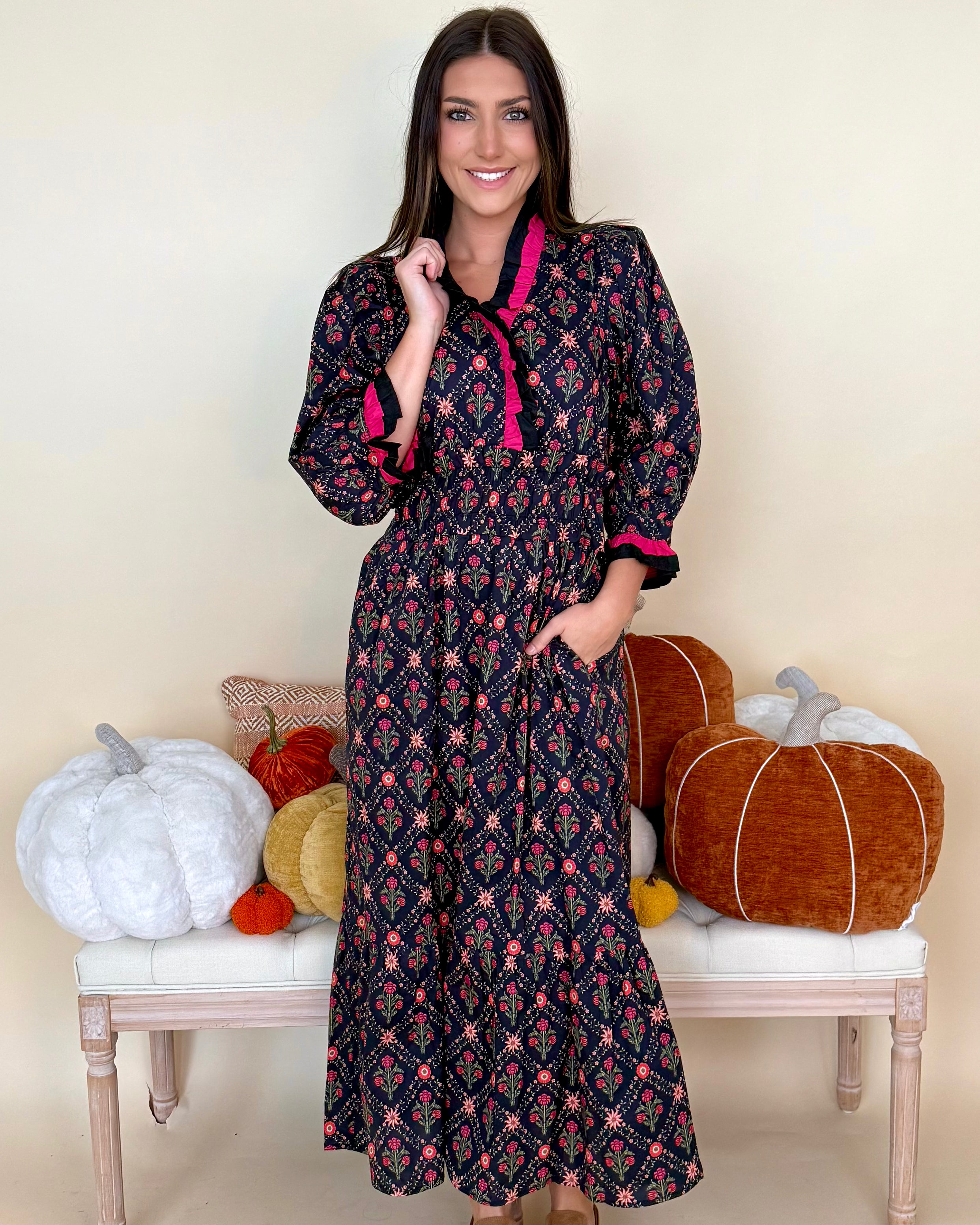 Darling Detail Black Floral Ruffle Midi Dress-Shop-Womens-Boutique-Clothing