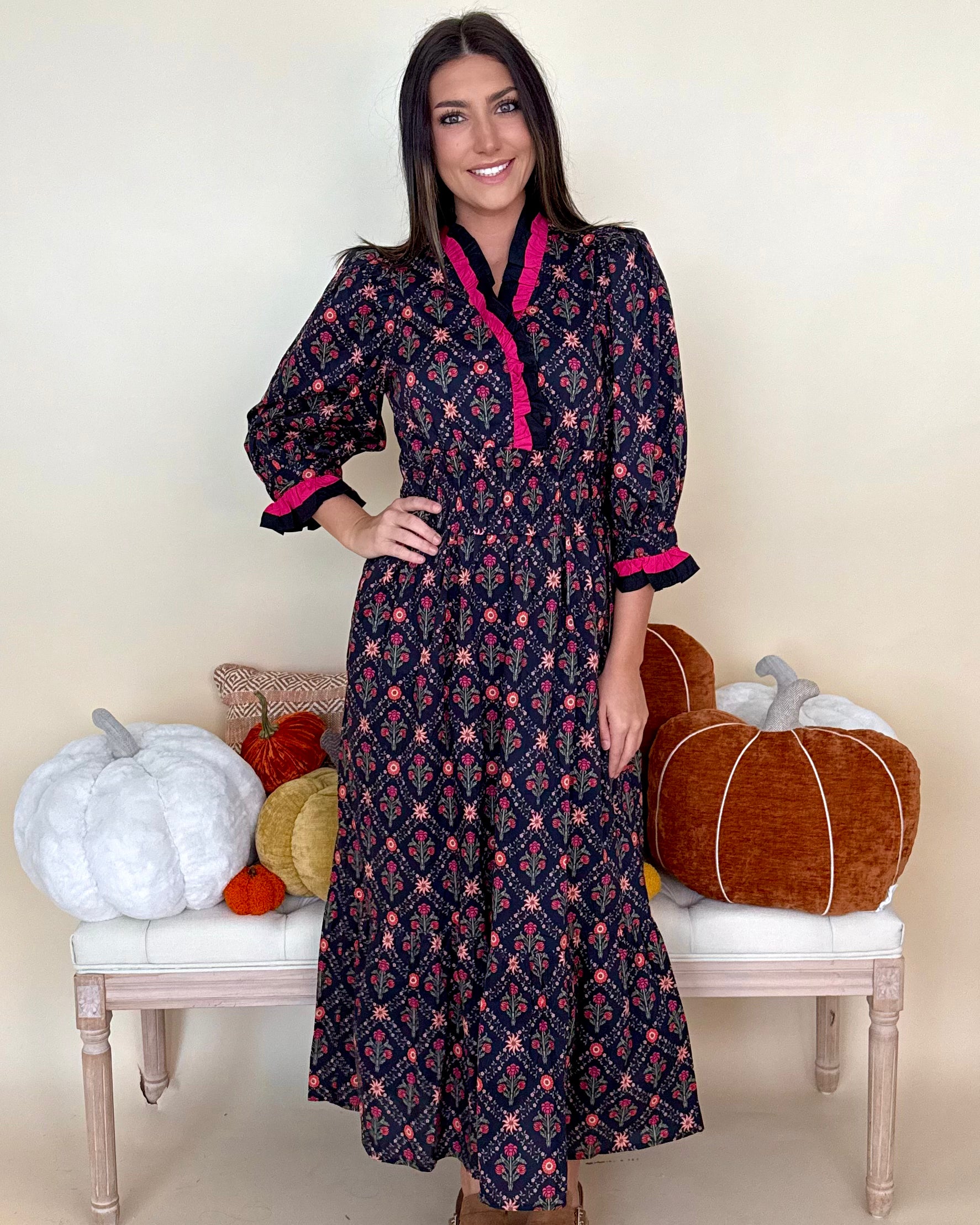 Darling Detail Black Floral Ruffle Midi Dress-Shop-Womens-Boutique-Clothing